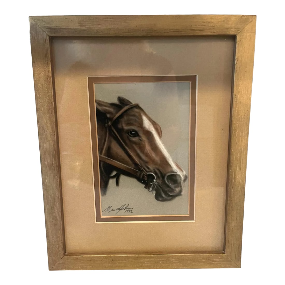 Horse Portrait, Framed: Small George John's one of a kind pastel portrait of triple crown winner "Affirmed". Framed behind glass gold frame. Condition: Alterations: Original Condition Unaltered Imperfections: Some
