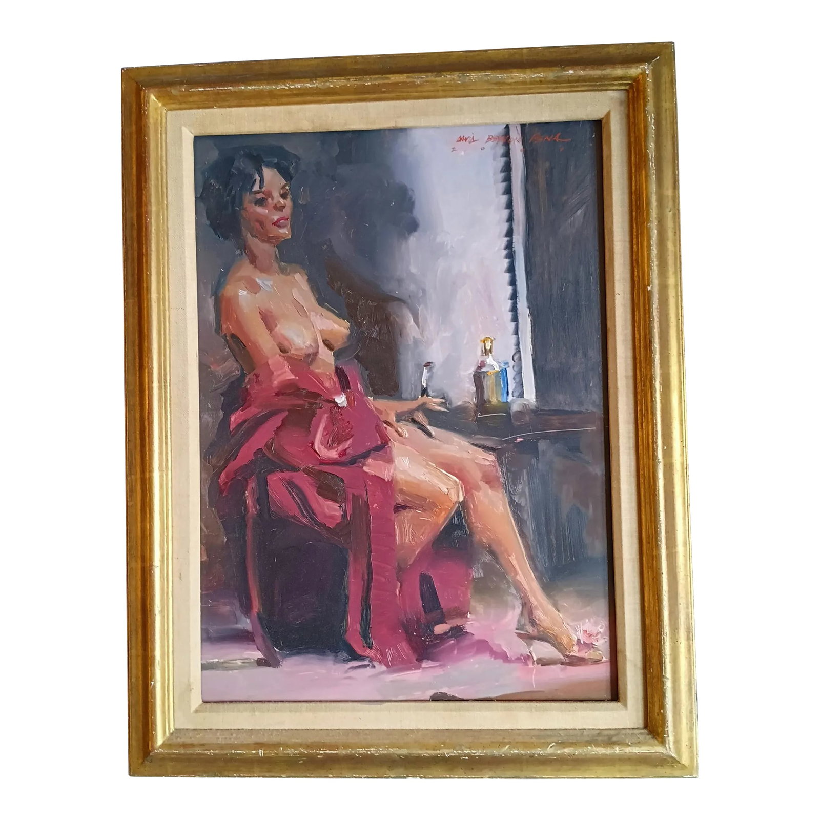 Lush Nude Reflecting on Her Thoughts in the Dark Original Oil Painting by David Beynon Pena: A contemplative woman sits smoking as her wine-colored robe falls loosely around her, while cigarette smoke drifts upwards into a haze of white and gray. The scene feels quiet and muted but for pops