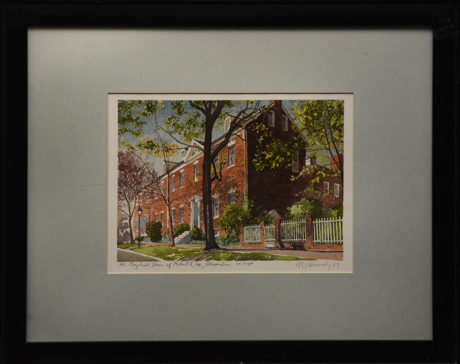 Boyhood Home of Robert E. Lee, Alexandria Lithograph, Framed: This lithograph, sized 22" x 18", depicts the Boyhood Home of Robert E. Lee, a historic landmark in Alexandria, Virginia. The artwork captures the stately brick architecture of the house, with its sym