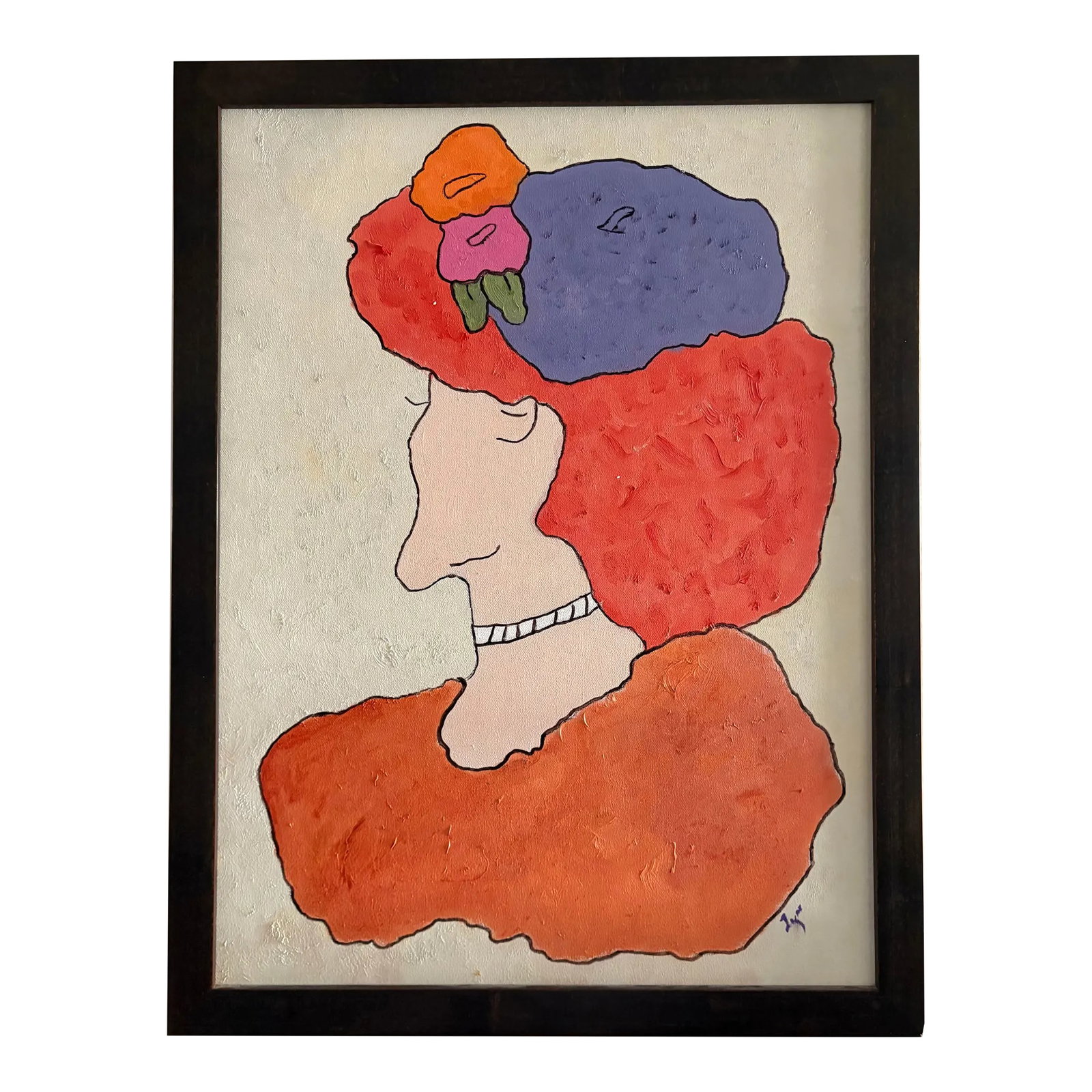 Abstract Portrait Mother-in-Law, Acrylic on Canvas, Signed by Artist: This original painting has a whimsical take on a married man's best friend. The abstract portrait is rendered in vibrant color thanks to the artist's use of acrylic paint. The painting is