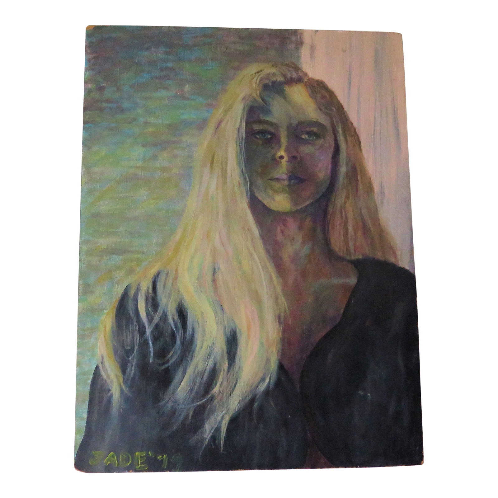 Portrait of a Young Beach Blonde Girl, Signed Jade '79: This dramatic moody portrait in acrylic on solid peg board wood-composite material is a study of a young "foot prints in the sand" kind of California beach blonde beauty.. It's Avedon Photographic