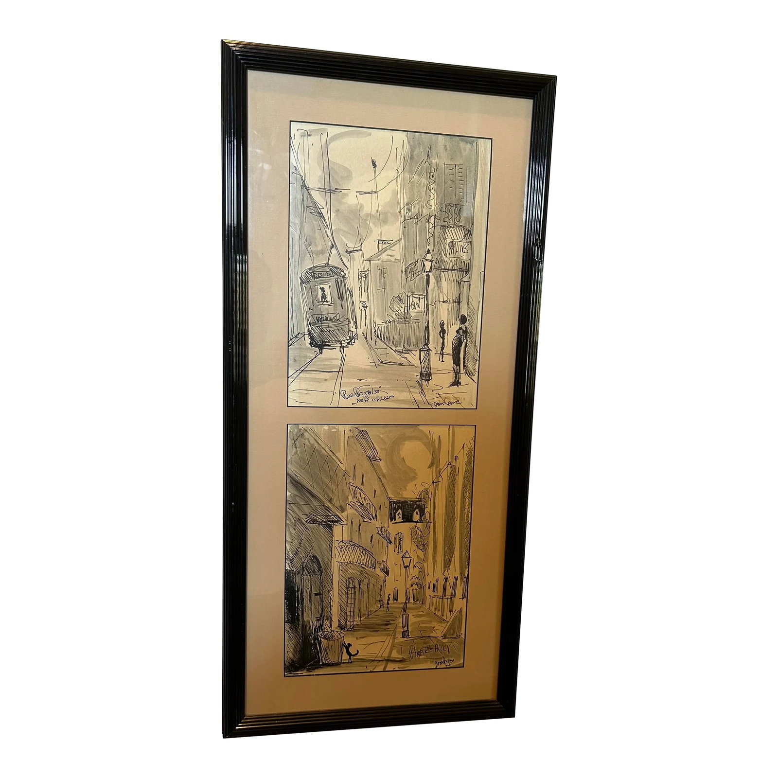 1960s Vintage New Orleans Watercolor Street Scenes - Tom Lane, Streetcar Named Desire.: This set of original vintage watercolors by artist Tom Lane was acquired by our family in 1970. The combination of black illustration against a grey watercolor wash gives both a traditional and