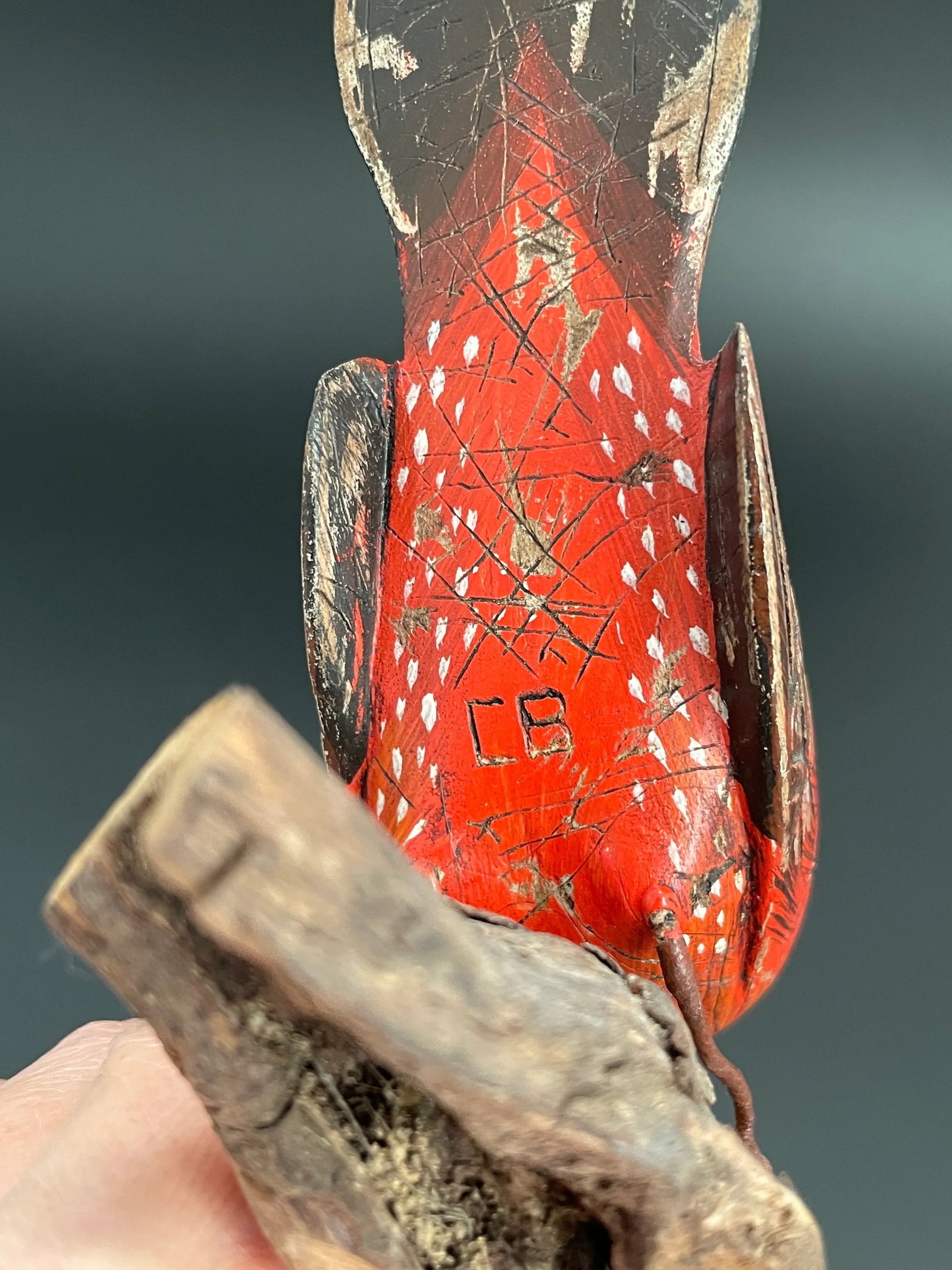 Wood Carving Sculpture of Summer Tanager Bird on Driftwood by Chuck Binder - 12