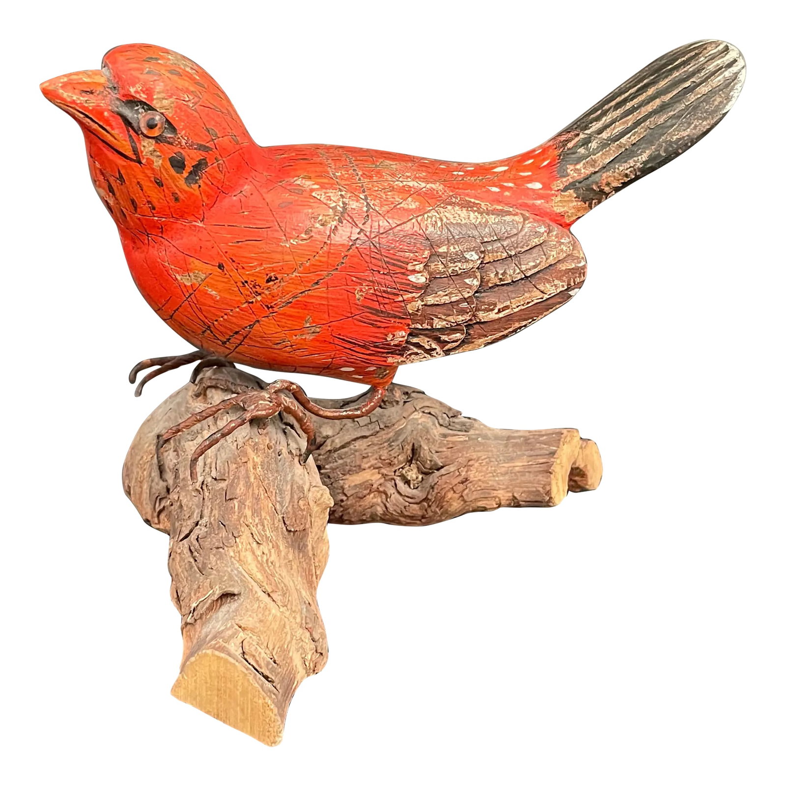Wood Carving Sculpture of Summer Tanager Bird on Driftwood by Chuck Binder: A stunning vintage Summer Tanager crafted by Chuck Binder, West Virginia, featuring glass eyes, wire feet, mounted on a sculptural driftwood base. Hand carved and painted with an intentional distresse