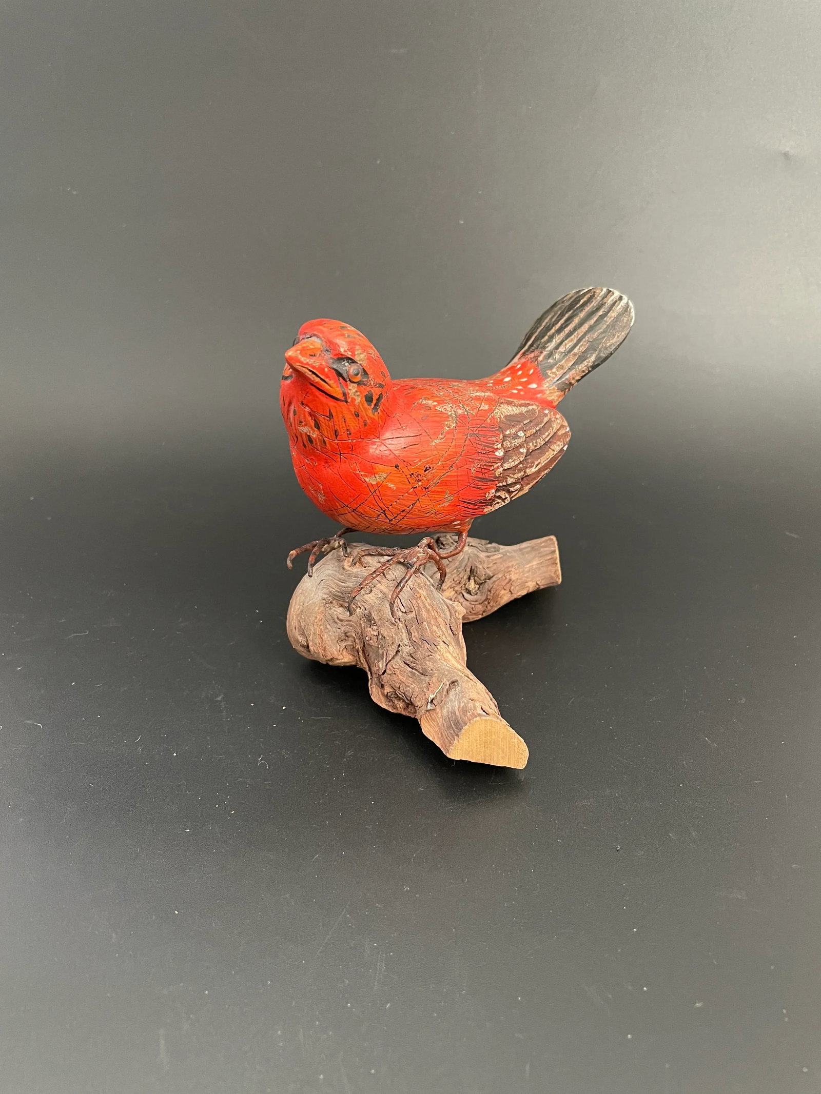 Wood Carving Sculpture of Summer Tanager Bird on Driftwood by Chuck Binder - 2