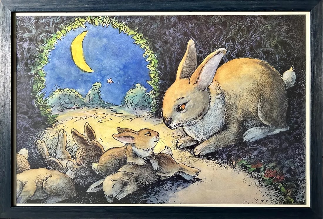 1990's "If You Were My Bunny" Framed Print: Colorful framed reproduction print from best-selling story, "If You Were My Bunny" board book. Featuring a rectangular format within custom darker Blue toned wooden frame with Glass front. Reprinted