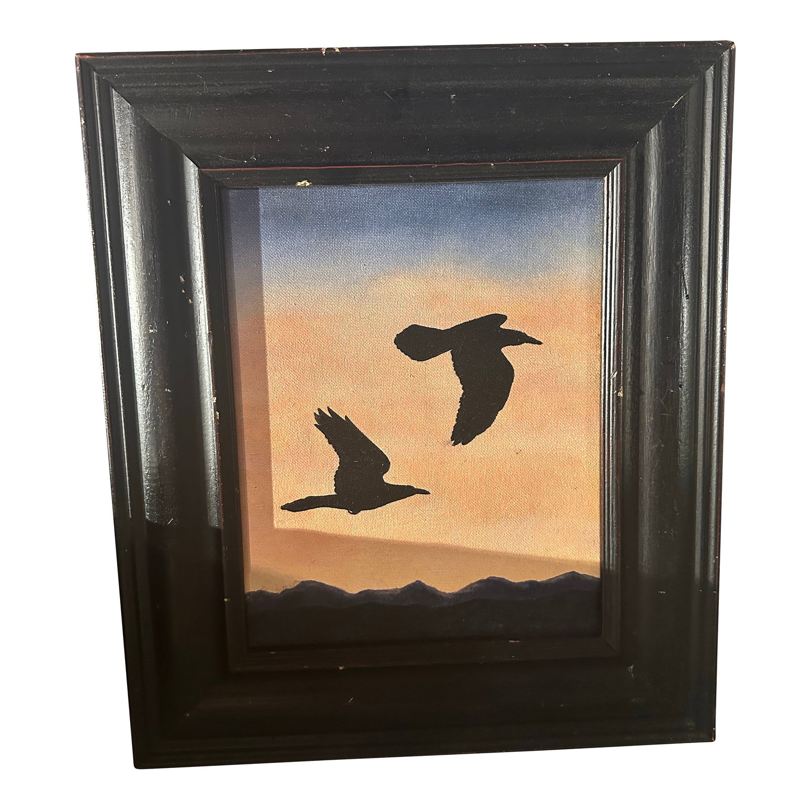 Late 20th Century Sunrise/Sunset Birds Flying Painting Art: Two ravens flying over the mountains. A beautiful painting by the Levinson-Whitfield Family The painting is on old canvas board and secured in the frame, without glass Condition: Alterations: