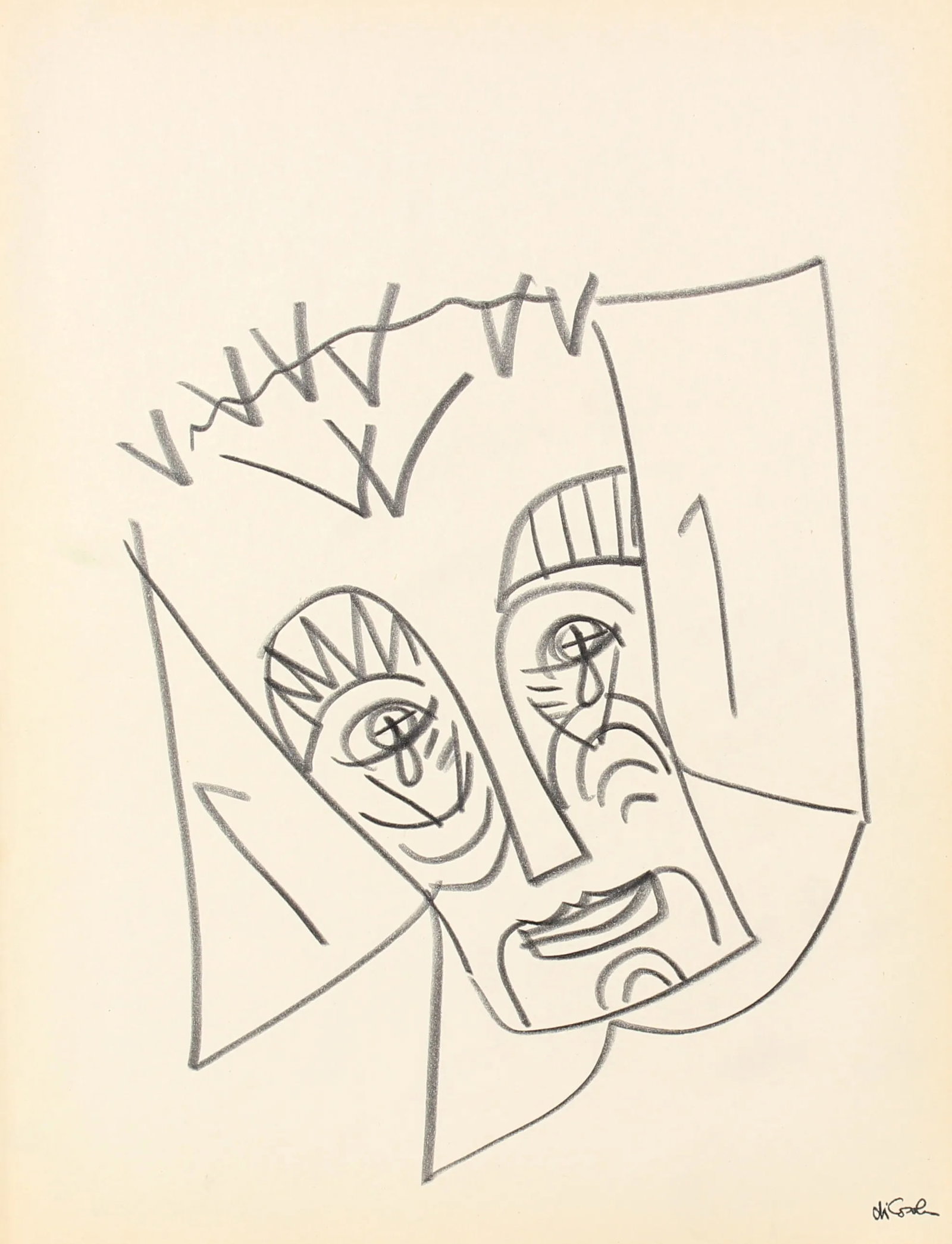 Modernist Portrait by M. Di Cosola: This late 20th century graphite on paper drawing is by San Francisco artist Michael di Cosola (1929-2010). Di Cosola studied at the Chicago Art Institute before moving to the Bay Area to study at the