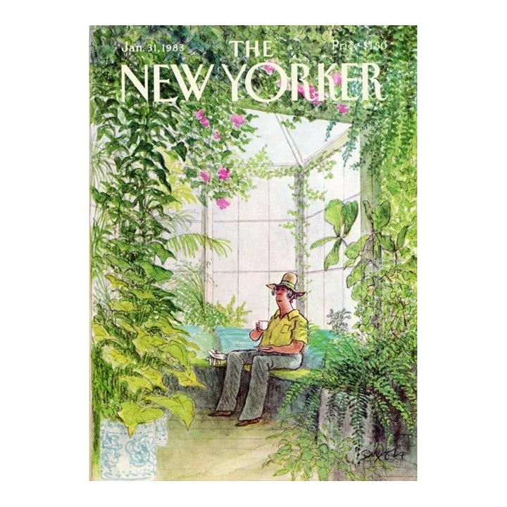 1983 Vintage New Yorker Cover, January 31 (Charles Saxon), Original New Yorker Magazine Cover, Sprin: Original vintage New Yorker magazine cover dated January 31, 1983 featuring a Spring and Greenhouse theme. Based on an illustration by Charles Saxon (1920-1988). This is an authentic New Yorker