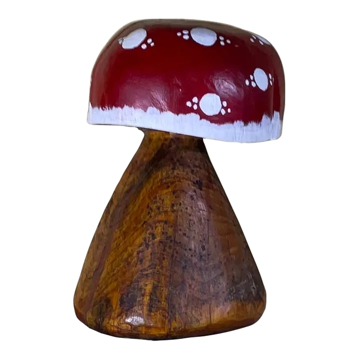 Funky Hand-Carved Ashwood Mushroom Sculpture: This unique and vibrant mushroom sculpture is a beautiful piece of handcrafted art. Expertly carved from ashwood, the mushroom features a rich, natural wood grain that complements the handpainted red