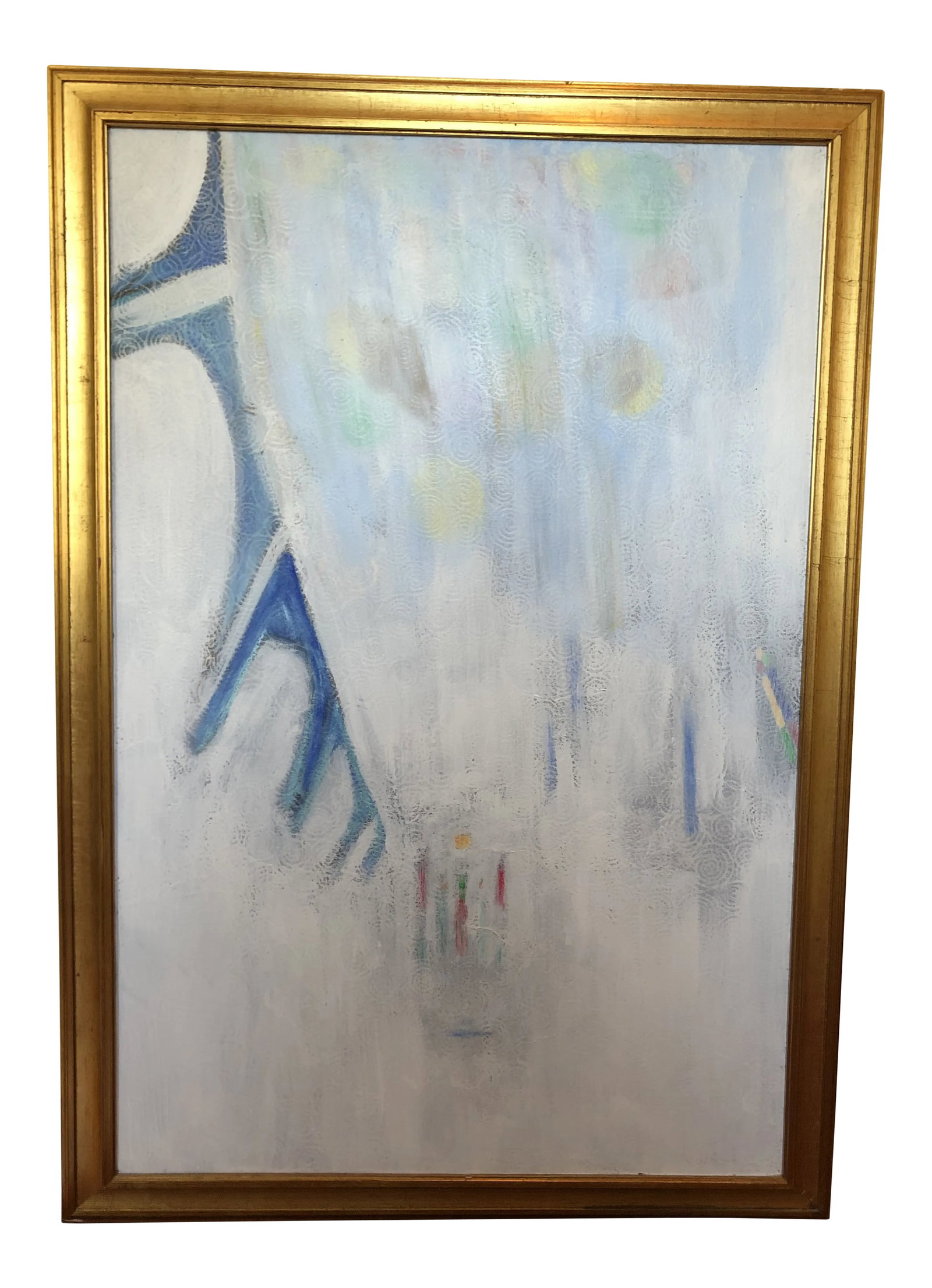 Abstract Painting in Soft Hues: Beautiful and vibrant abstract painting with intricate gesso work. Comes with large gold frame of wood. Estate fresh Condition: Alterations: Original Condition Unaltered Imperfections: Some