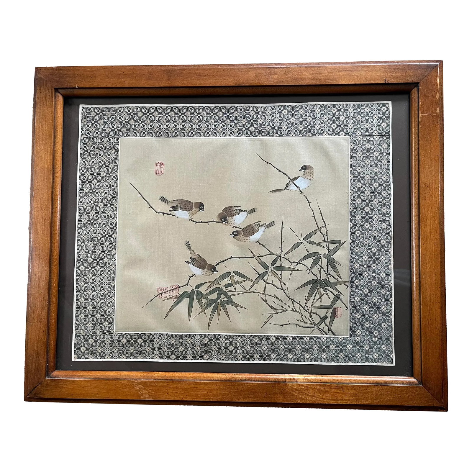 Mid 20th Century Vintage Chinese Birds and Bamboo Painting on Silk, Framed: A wonderful painting of five birds on bamboo branches. Matted and in a warm toned, wooden frame. There four red seals in the background. Some scuffs to the frame as photographed; otherwise in