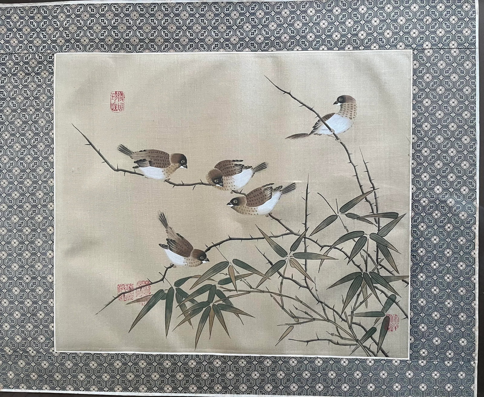 Mid 20th Century Vintage Chinese Birds and Bamboo Painting on Silk, Framed - 2