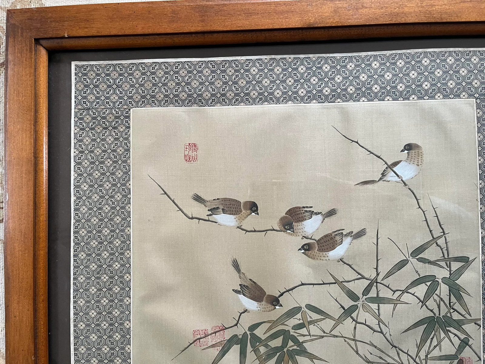 Mid 20th Century Vintage Chinese Birds and Bamboo Painting on Silk, Framed - 3