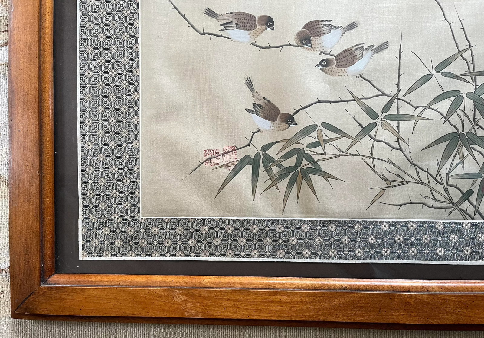 Mid 20th Century Vintage Chinese Birds and Bamboo Painting on Silk, Framed - 4