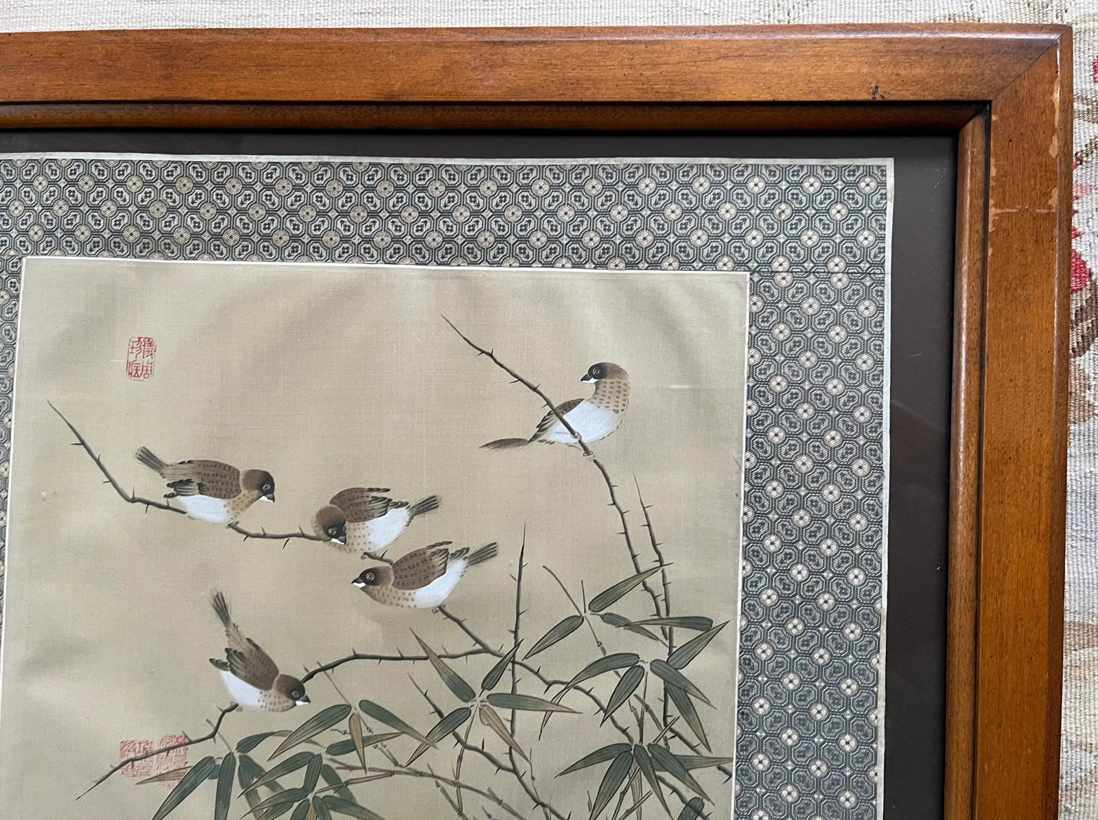 Mid 20th Century Vintage Chinese Birds and Bamboo Painting on Silk, Framed - 5