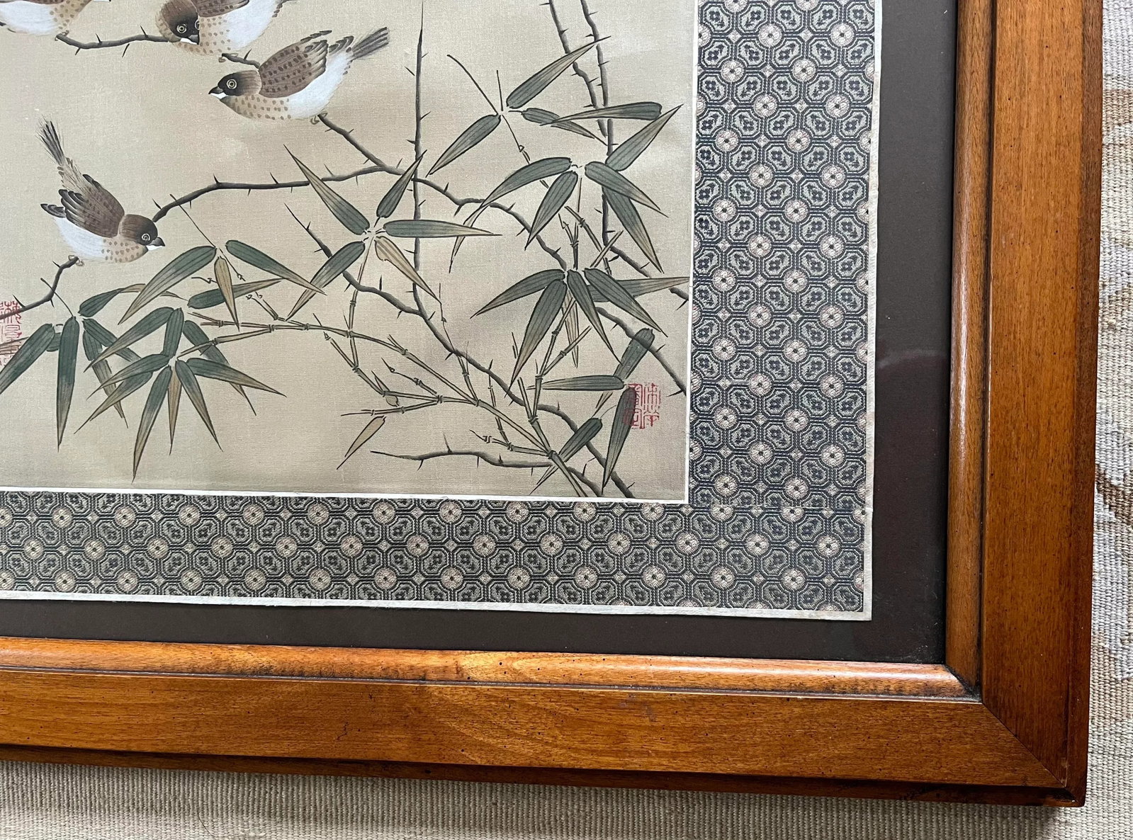 Mid 20th Century Vintage Chinese Birds and Bamboo Painting on Silk, Framed - 7