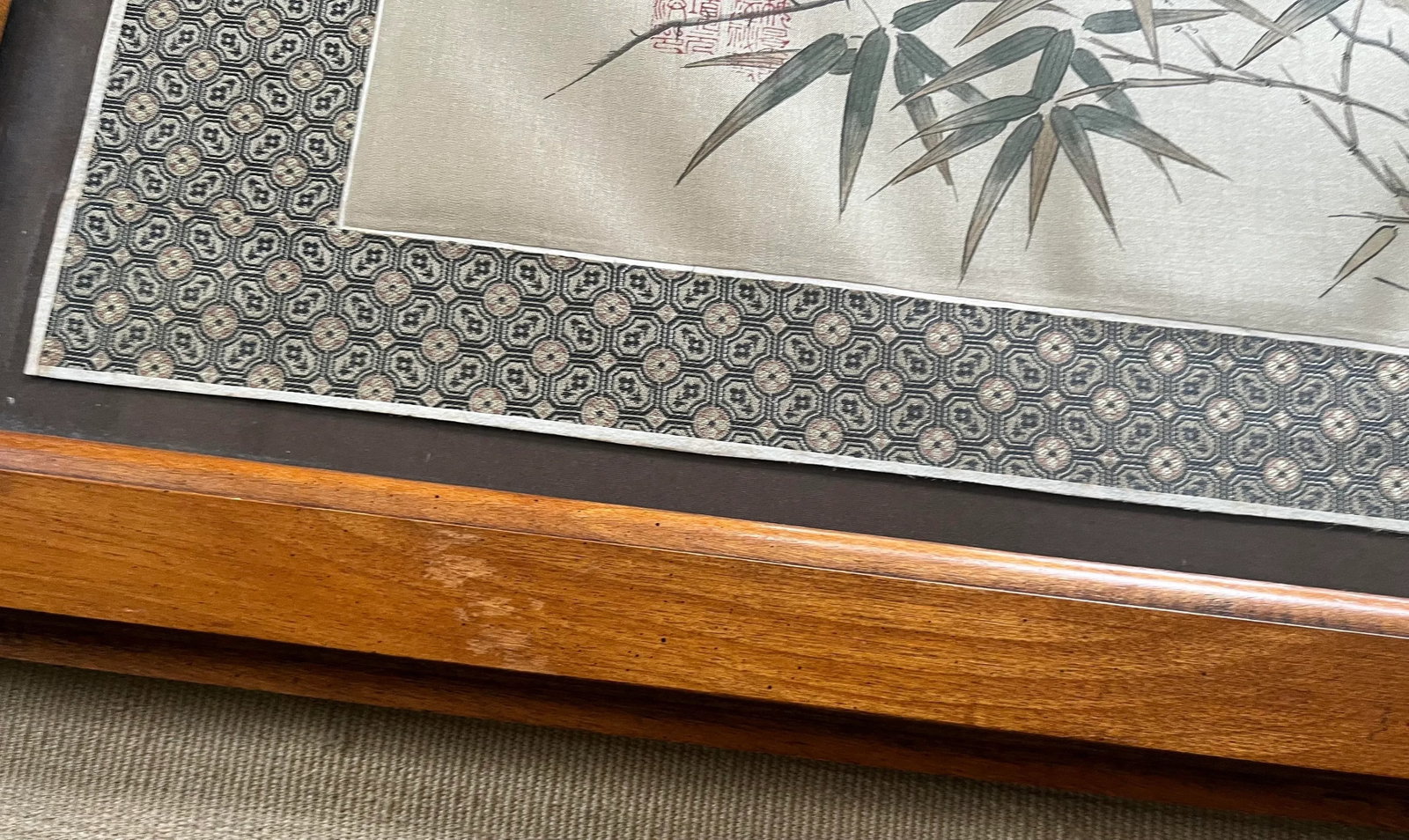 Mid 20th Century Vintage Chinese Birds and Bamboo Painting on Silk, Framed - 8
