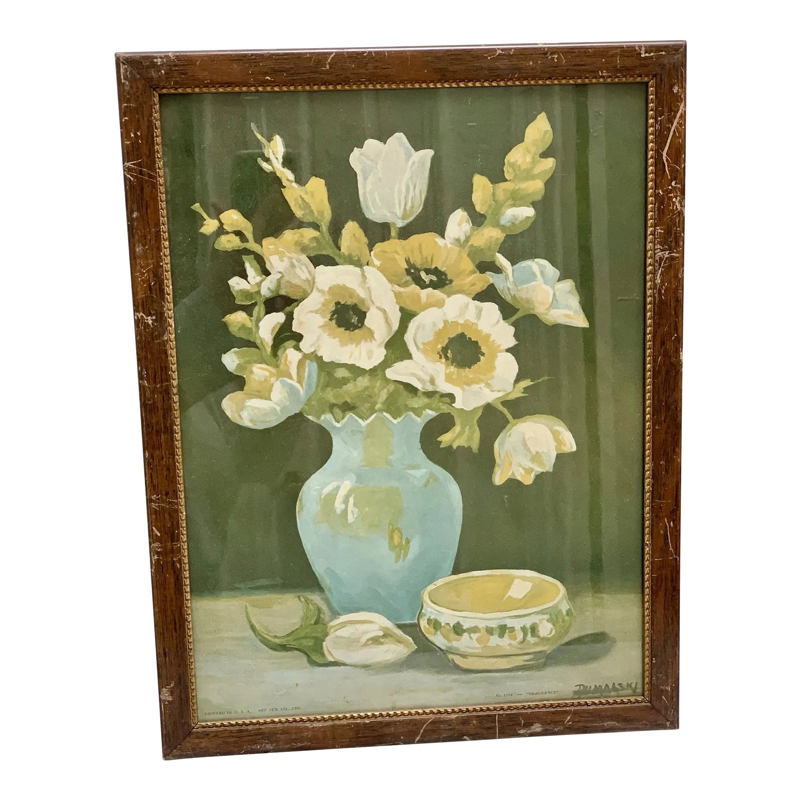 Vintage Rustic Limited Edition Framed Print of a Bouquet of Flowers: Rustic vintage wooden framed limited edition print from the 40s/50s of a blue vase of flowers or poppies. Blues and cream tones with lots of sage and wear on the wood frame. Condition: Alterations: