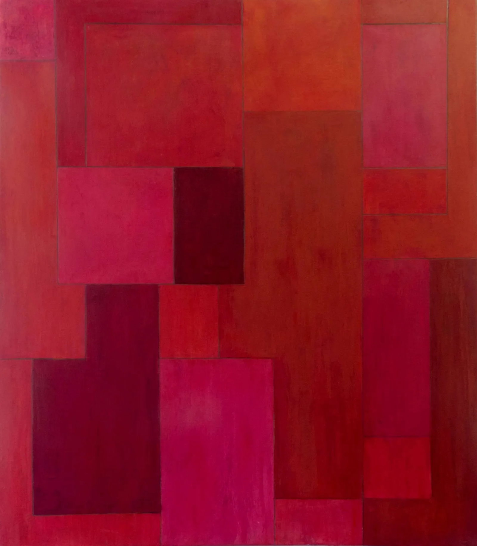 Abstract Geometric Red Oil Painting by Stephen Cimini: Oil paint, cold wax medium and marble dust on canvas Monochromatic Large Red Painting The painting continues around the 3 inch gallery-wrapped edges giving an added dimension to the piece. Framing is