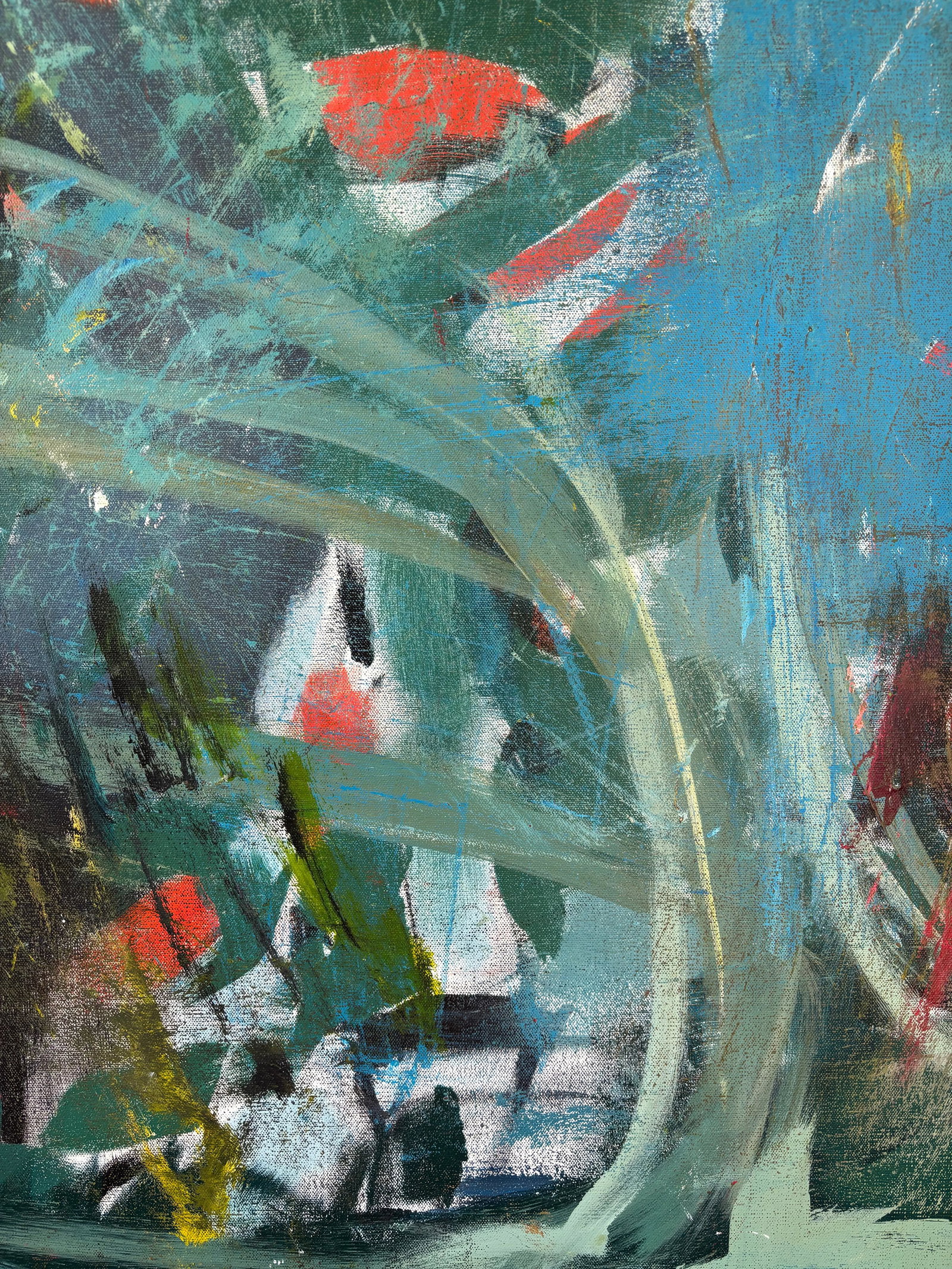 "Turmoil" Original, Acrylic, Abstract Painting by Linda McDonough: In "Turmoil," movement and emotion collide in a storm of layered color and texture. Swaths of red/orange, blue, and green sweep across the canvas, echoing a sense of unrest and inner conflict. The pai