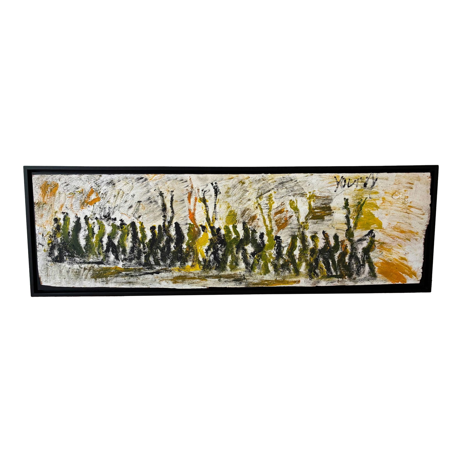 Purvis Young Painting: Original untitled painting on wood with frame signed by Purvis Young (1943-2010). He was a self-taught American artist from Miami's Overtown neighborhood adjacent to downtown. Young's style captured
