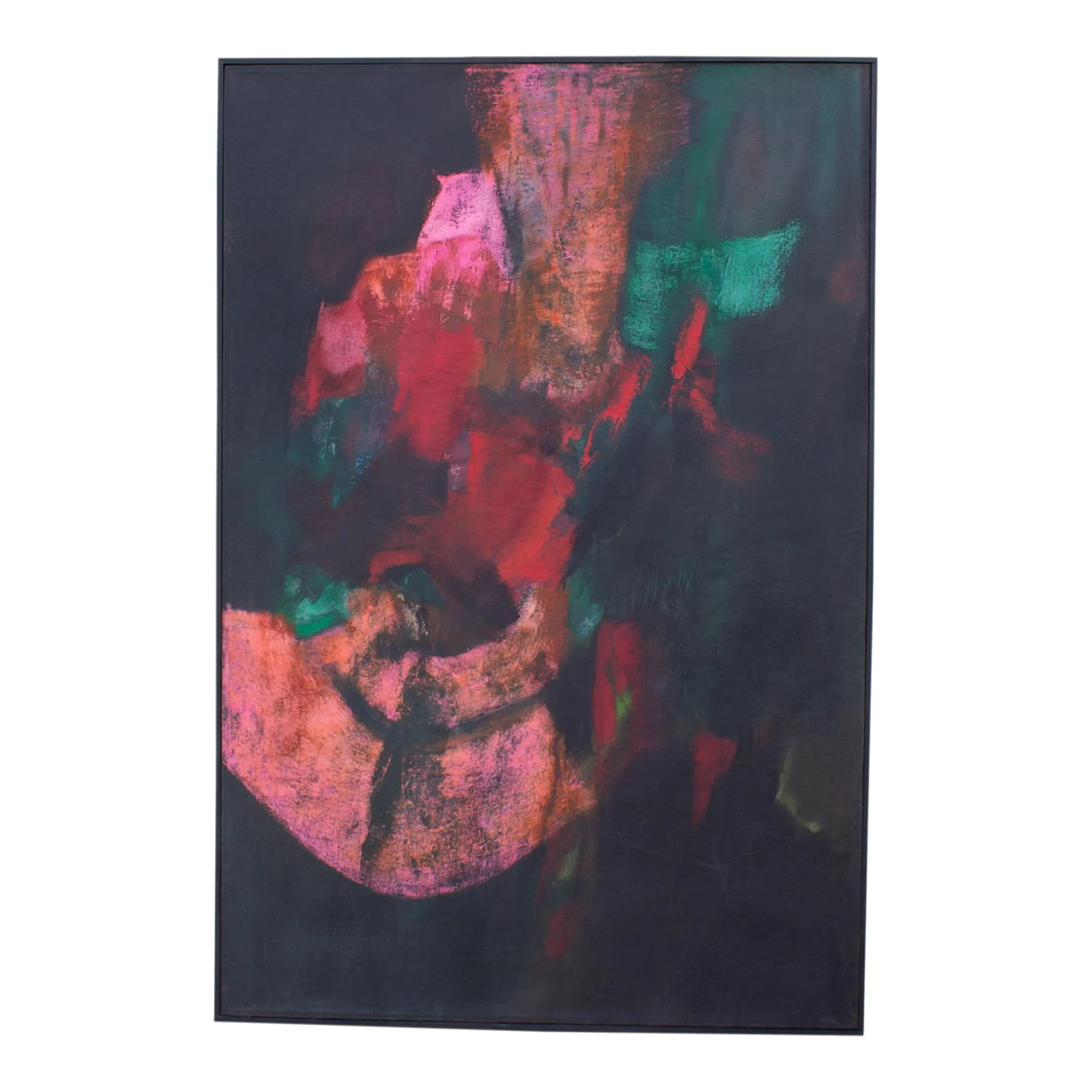 1960s Oil and Chalk Pastel on Canvas Abstract Painting by Reiko Sakagami Baum: A 1960s oil and chalk pastel on canvas painting by Japanese-American artist Reiko Sakagami Baum (1927-2021). Softly blended hues of red, pink, and green intermingle upon a black ground in this etherea