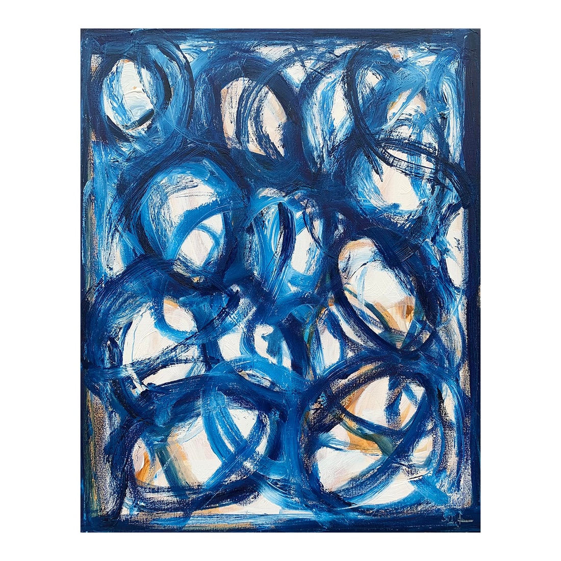 Blue Embrace Iv, Contemporary Abstract Oil Painting: Blue Embrace IV, oil and oil stick on canvas, presents a monochromatic exploration of the human form, rendered entirely in shades of blue. This abstract composition captures the essence of intimacy