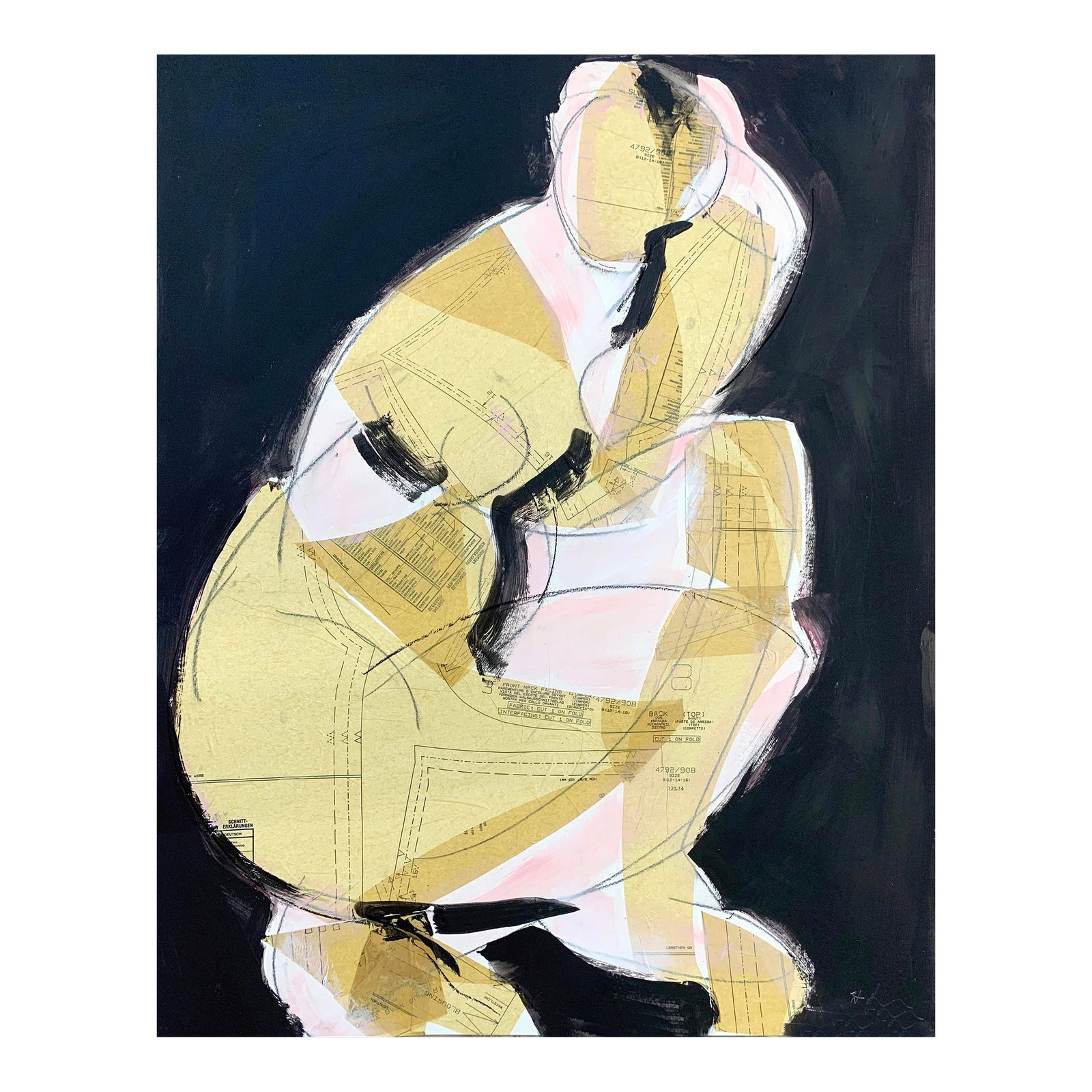 Figurative Fold Ii, Figurative Abstract Fabric Pattern Collage Painting: Figurative Fold II - "A line just distinguishes it." -Gertrude Stein This collage incorporates vintage sewing patterns from my mother's collection-retooled, deconstructed, and reimagined into a