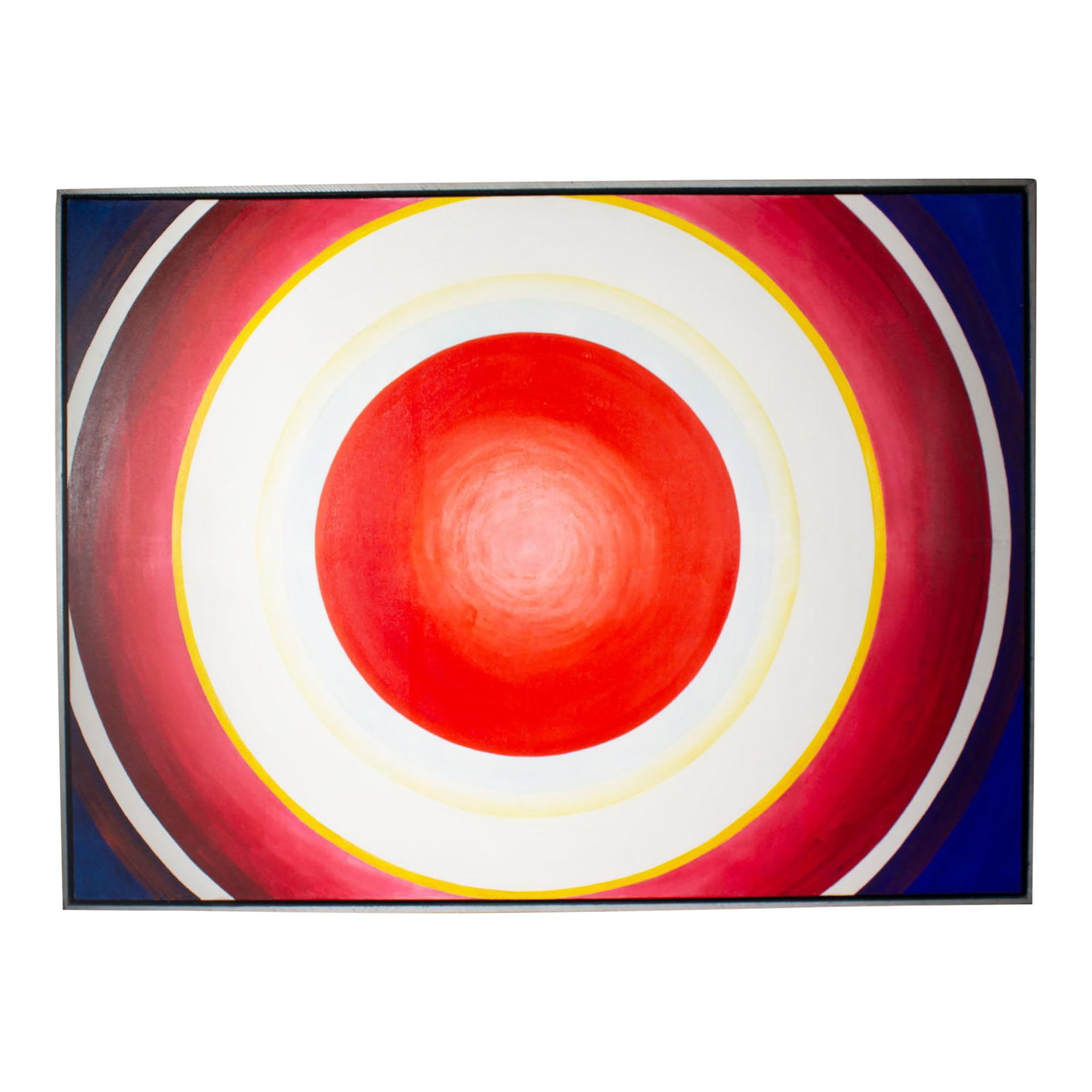 1966 "Hi-No-Maru Ten" Acrylic on Canvas Painting by William S. Gamble: A 1966 acrylic on canvas painting by the American artist William S. Gamble (1912-2009). Titled "Hi-no-Maru Ten," this abstract work consists of rings of red, blue, white, yellow, and blue which
