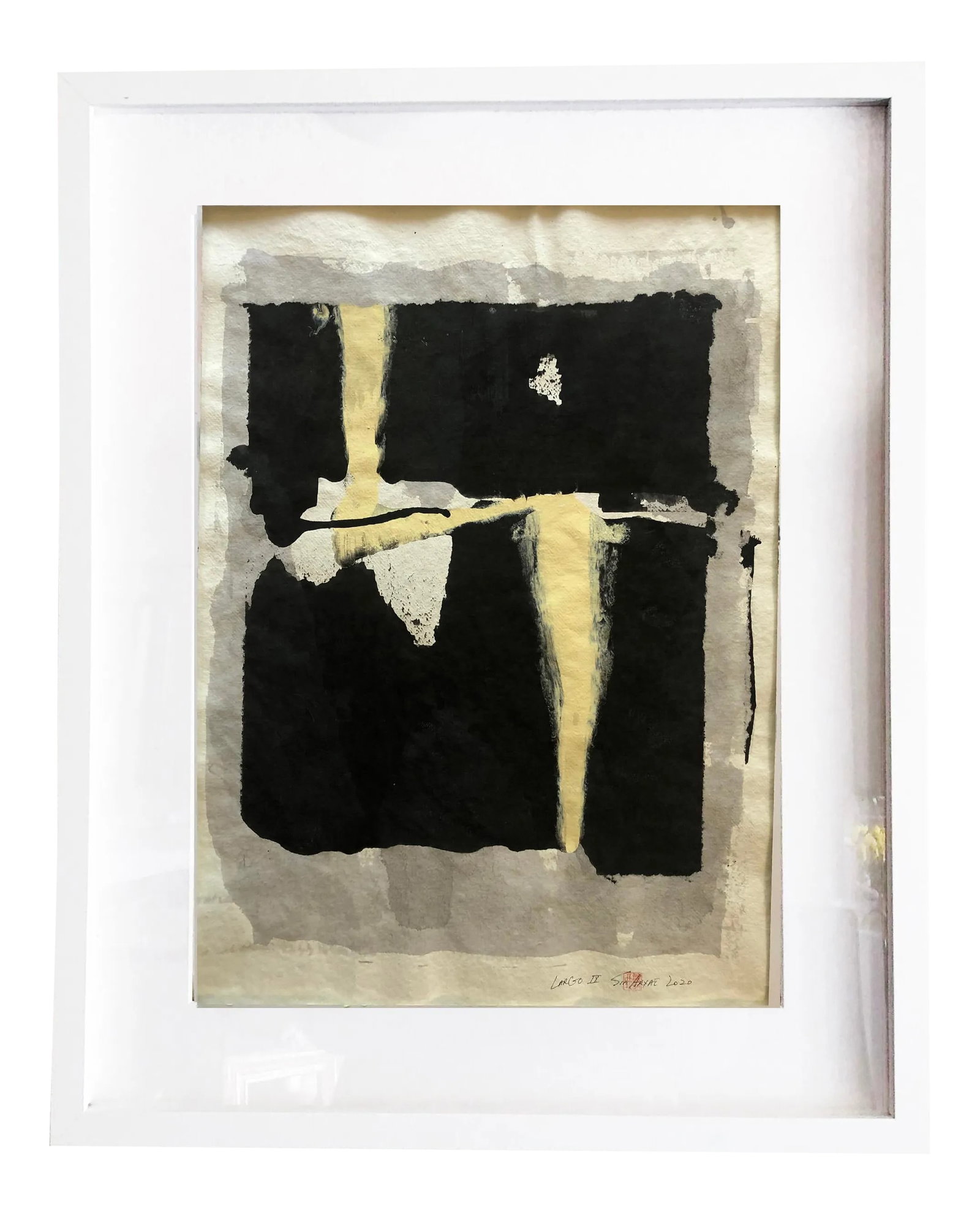 Largo IX Abstract Framed Painting on Hand Made Japennes Paper: This one of kind lively original abstract acrylic painting with earth energy on hand made heavy Japanese parchment brings in harmony to any room. The painting is 21.5X30" comes custom-framed in a 24X3