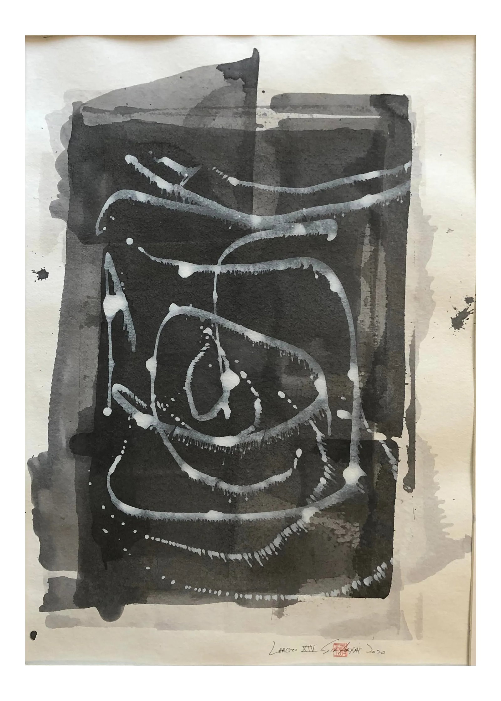 'Largo 14' Framed Abstract Painting on Japanese Handmade Paper: This one of kind lively original abstract acrylic painting with earth energy on hand made heavy Japanese parchment brings in harmony to any room. Painting is 21.5X30" comes custom-framed in a 24X35X1.