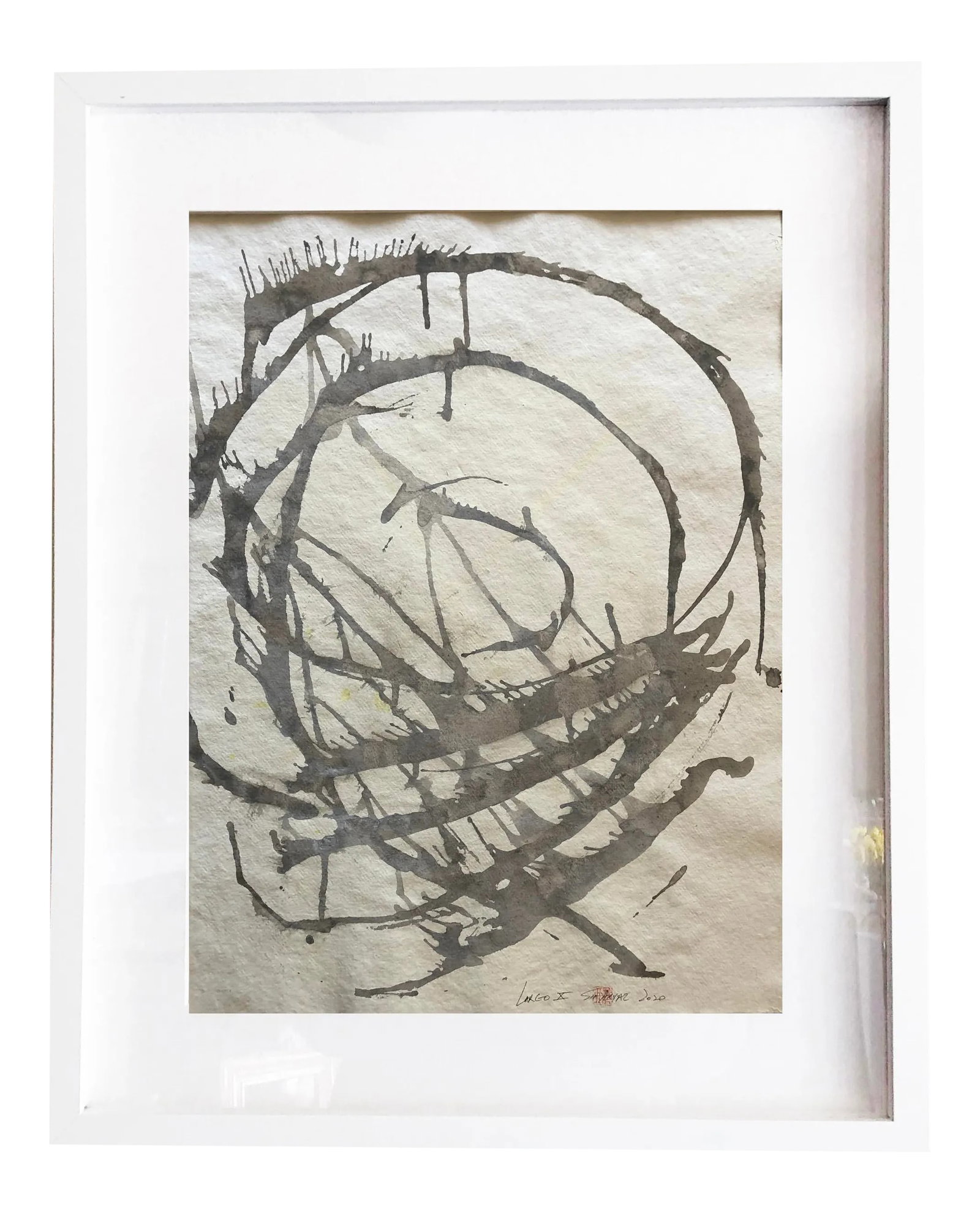 Minimal Abstract Painting on Hand Made Japanese Paper: This one of kind lively original abstract acrylic painting with earth energy on hand made heavy stock Japanese parchment brings in harmony to any room. Painting is 21.5X30" comes custom-framed in a 24