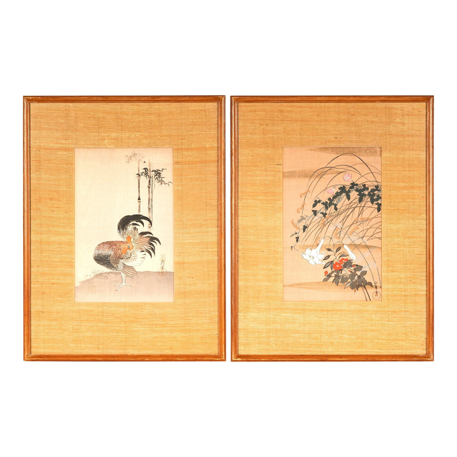 Vintage Japanese Woodblock Prints 'Autumnal Flowers and Rooster' by Hoshin Ishigaki, a Pair: Vintage Japanese woodblock prints by Hoshin Ishigaki (D. 1856): Two Works (Autumnal Flowers and Rooster). Each: color woodblock print, each with artist's stamp. Each matted and framed under acrylic.