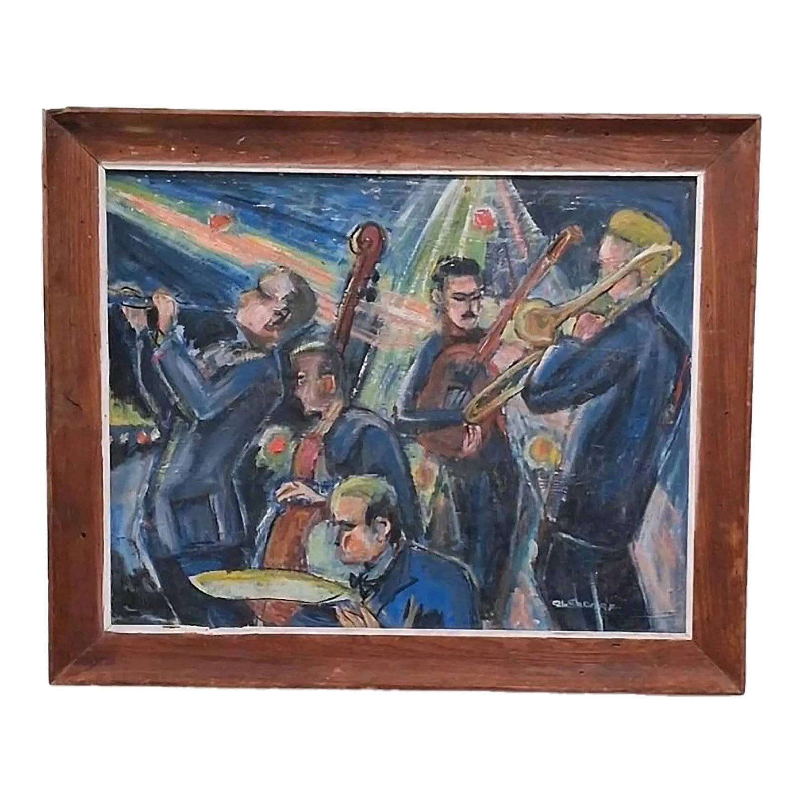 Bill Olendorf Abstract Expressionist Oil Painting on Board "Jazz Club" 1973: This artwork depicts a Chicago Jazz Musicians Club Scene. The back is dated 1973. It is untiltled. This is an oil painting on board by noted American artist William (Bill) Olendorf , 1924-1996. It is 
