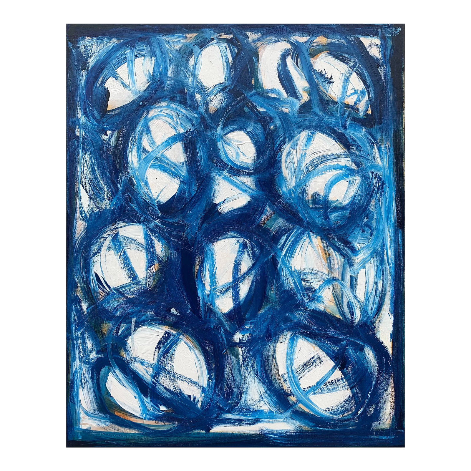 Blue Embrace Iii, Oil Painting, Contemporary Abstract: Blue Embrace III, oil and oil stick on canvas, presents a monochromatic exploration of the human form, rendered entirely in shades of blue. This abstract composition captures the essence of intimacy