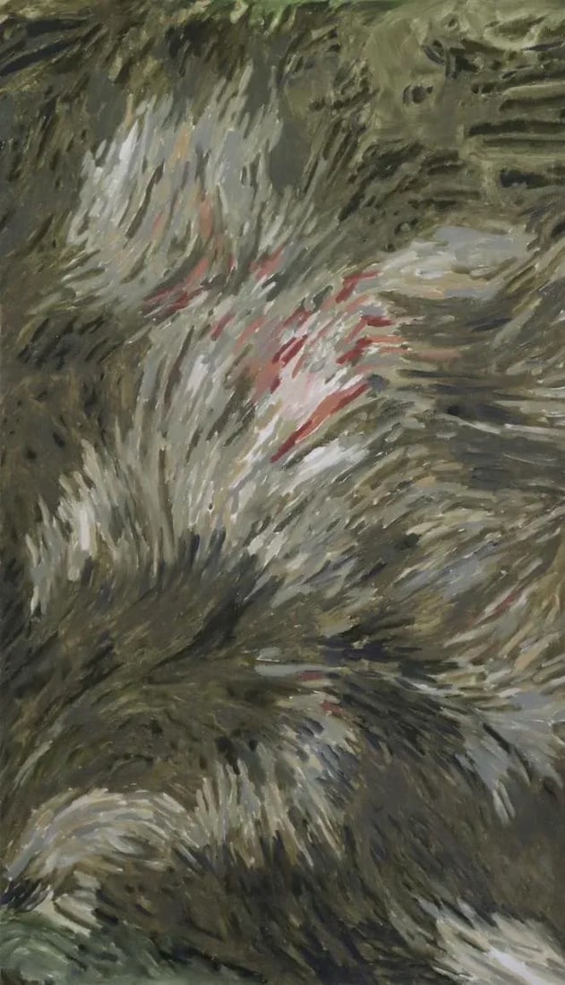 'After Goya' - Oil on Wood Panel by Zamarys Rivera: This abstract impressionist piece is a visceral reinterpretation of Francisco Goya's Saturn Devouring His Son. Through swirling brushstrokes and a storm of earthy greens, ashen whites, and