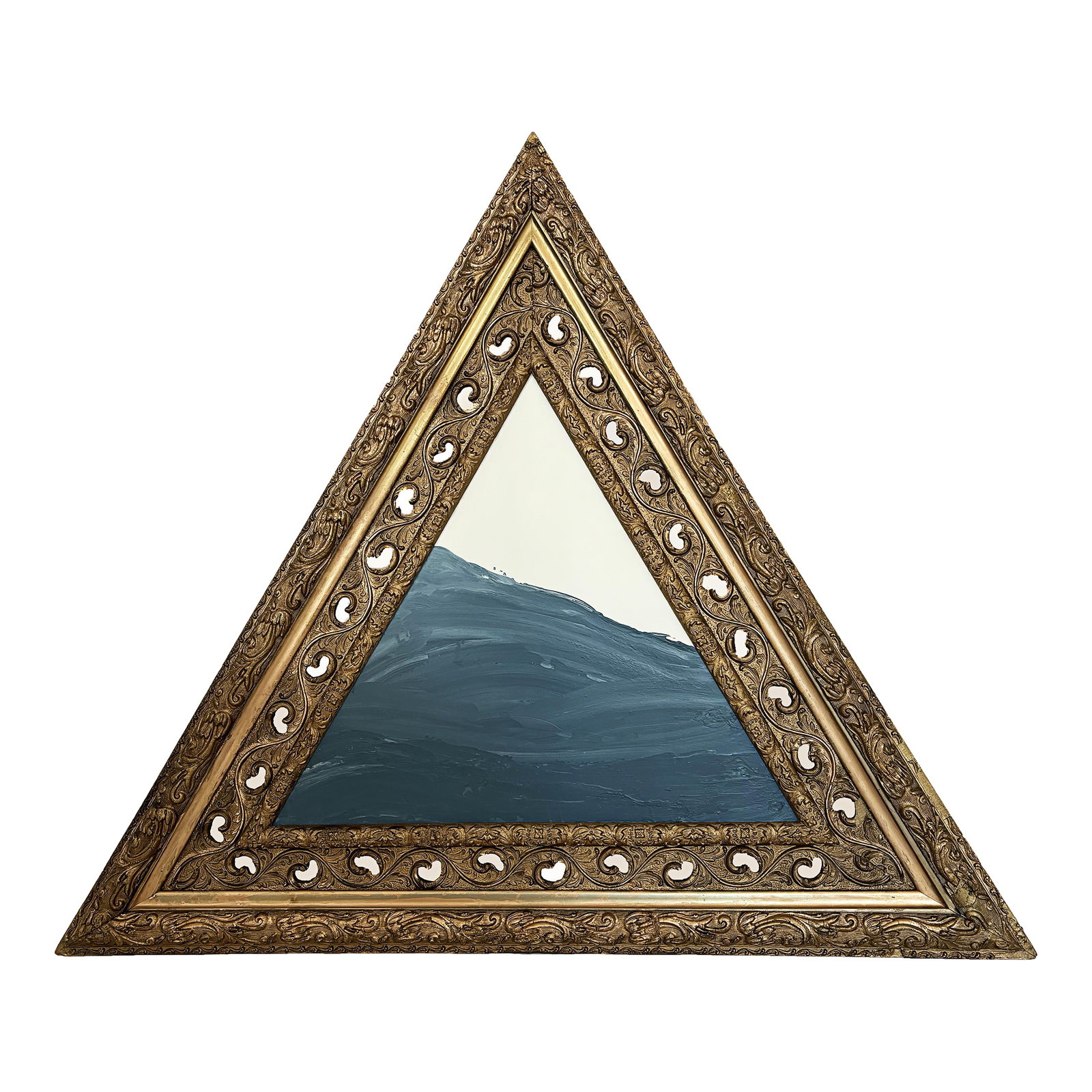 "Waves" Abstract Art in Antique 1890's Frame, Original Seascape Painting in Triangular Frame by JTS: Waves XII is an original abstract seascape that invites quiet reflection and effortless beauty into any space. Encased in a rare, triangular Victorian frame from the 1800s. The ornate detailing of the