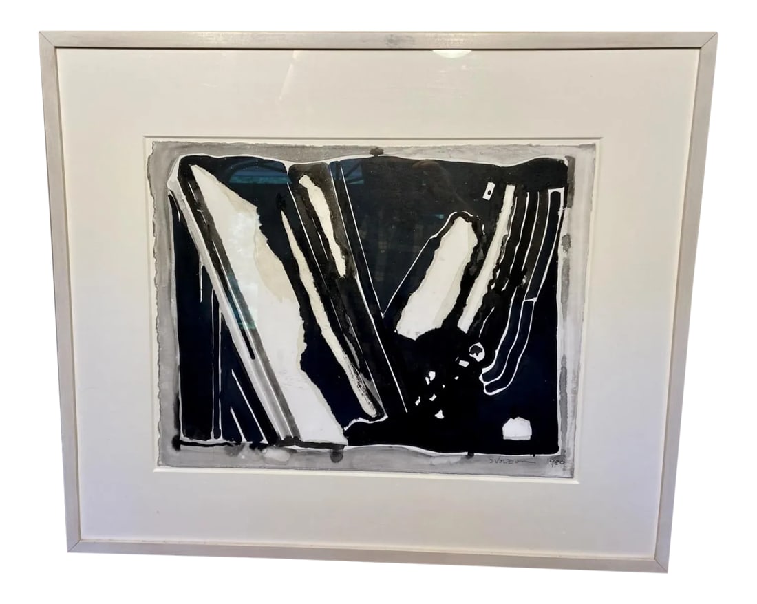 1980s Graphic Abstract Watercolor on Paper by Berenice d'Vorzon: Graphic Black and White Abstract by New York modernist Berenice D'Vorzon. The New York born artist has had over 30 solo shows. Her work has been exhibited in numerous galleries and museums in this