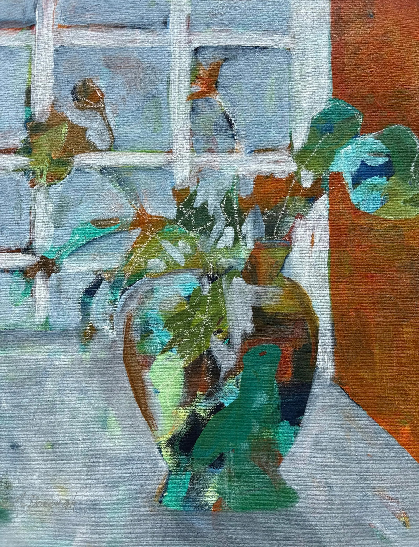 "Let It Be" Original, Acrylic, Contemporary Impressionist Floral Still Life by Linda McDonough: "Let it Be" offers a fresh interpretation of the classic still life through bold, expressive brushwork and vibrant, intuitive color. An abstracted vase of flowers sits in a sunlit room, partially