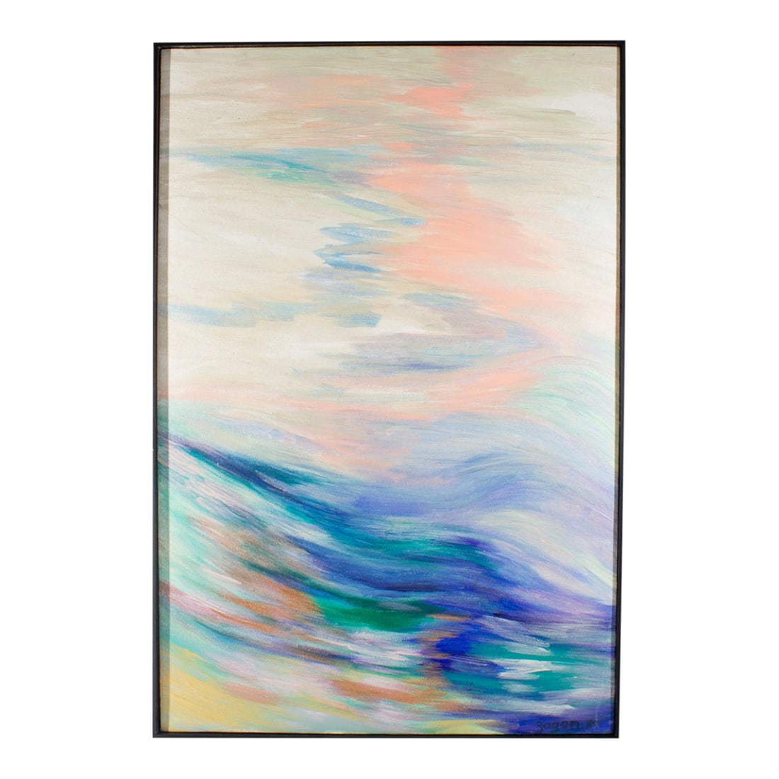 1989 Oil on Canvas Abstract Painting by Laurie Zagon: A 1989 oil on canvas painting by the American artist Laurie Zagon. This abstract work is filled with soft ripples of pale pink, blue, and green. The bottom third of the canvas is awash with dark royal