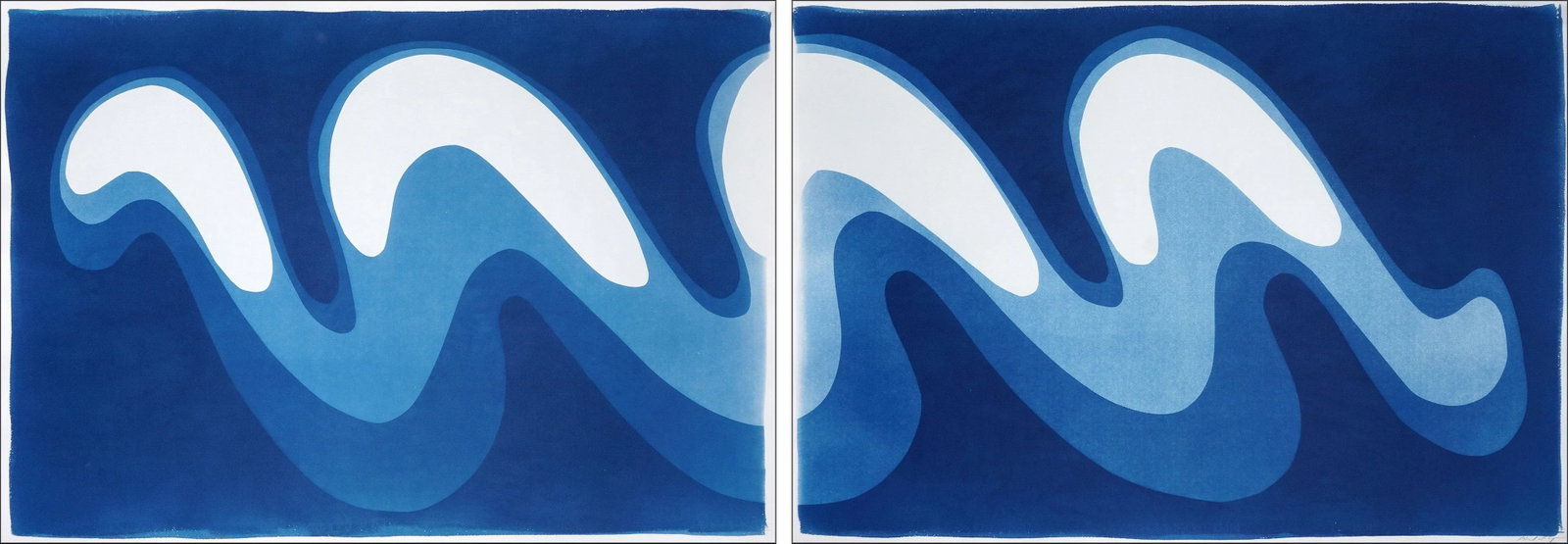 2025, Wave Iii, Unique Monotype Cyanotype, Organic Modern Gestures, Horizontal Diptych on Watercolor: Wave III, is an exclusive handmade cyanotype horizontal diptych that captures the gentle curl of an organic mid-motion wave. Rendered in deep Prussian blues and ethereal whites, the piece evokes the