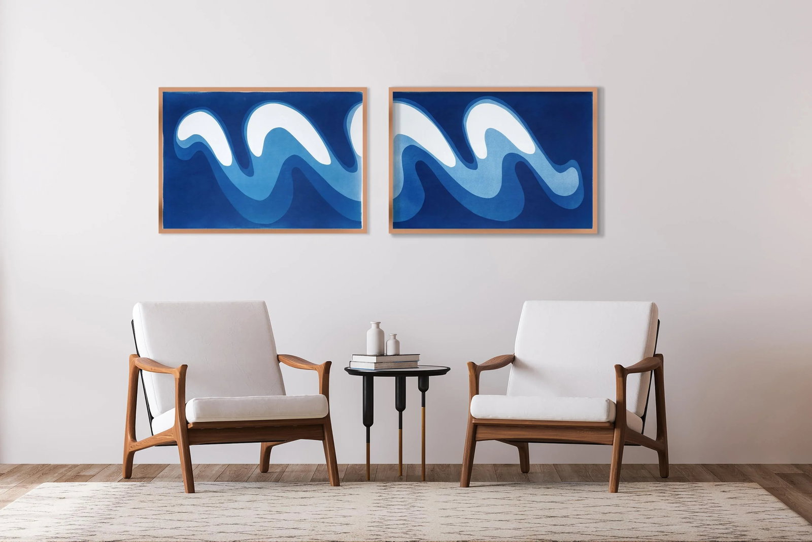2025, Wave Iii, Unique Monotype Cyanotype, Organic Modern Gestures, Horizontal Diptych on Watercolor - 2