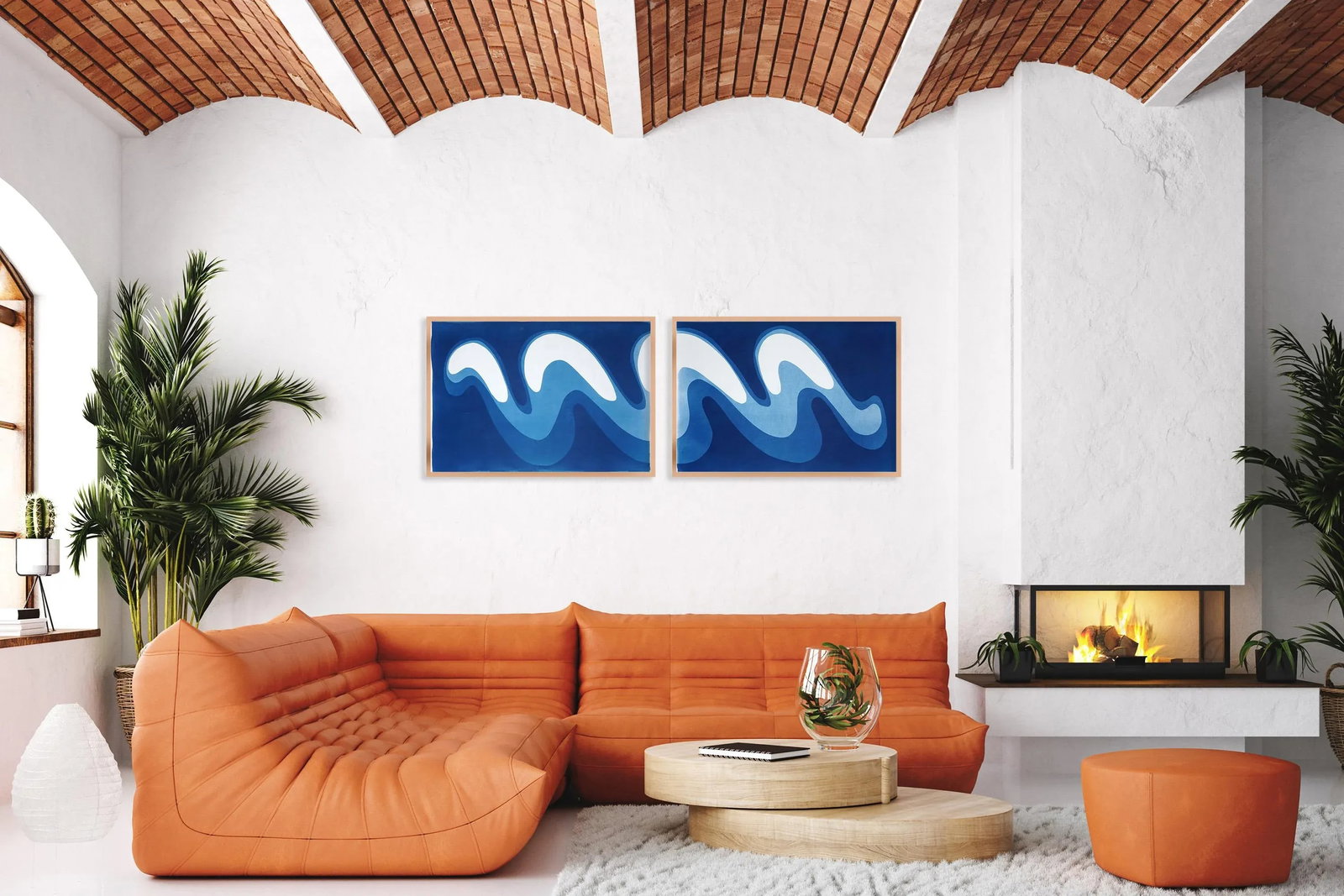 2025, Wave Iii, Unique Monotype Cyanotype, Organic Modern Gestures, Horizontal Diptych on Watercolor - 3