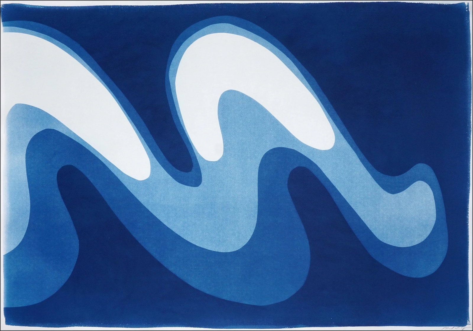 2025, Wave Iii, Unique Monotype Cyanotype, Organic Modern Gestures, Horizontal Diptych on Watercolor - 5