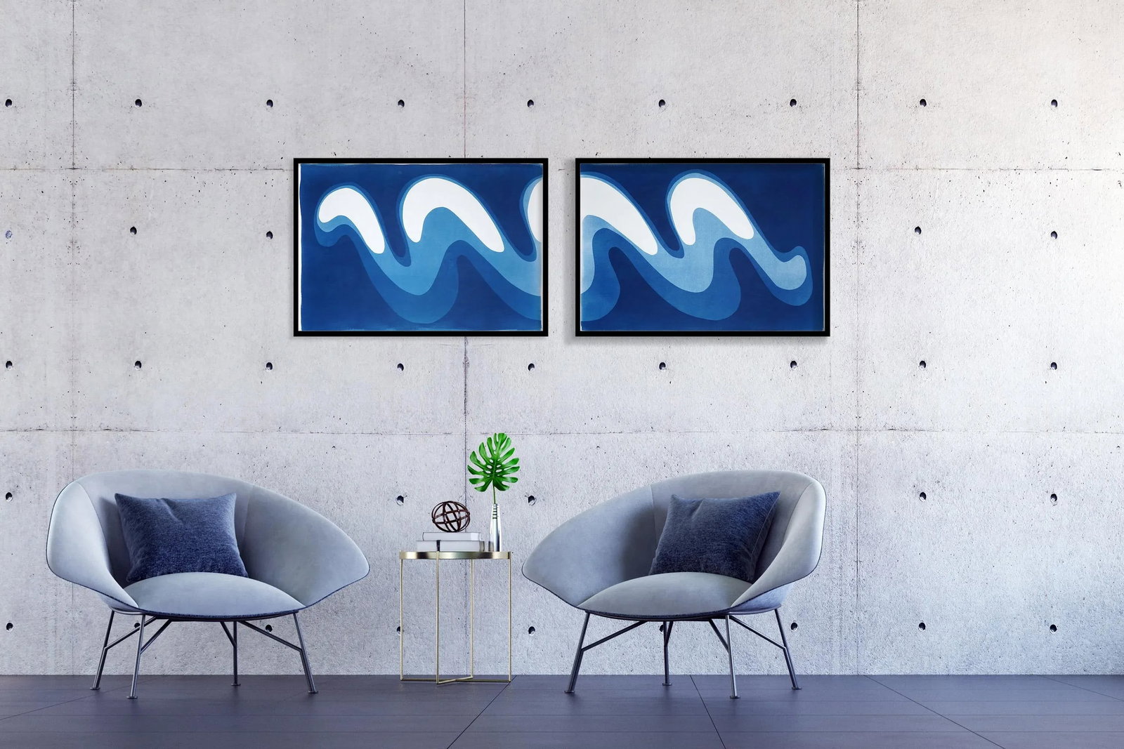 2025, Wave Iii, Unique Monotype Cyanotype, Organic Modern Gestures, Horizontal Diptych on Watercolor - 6