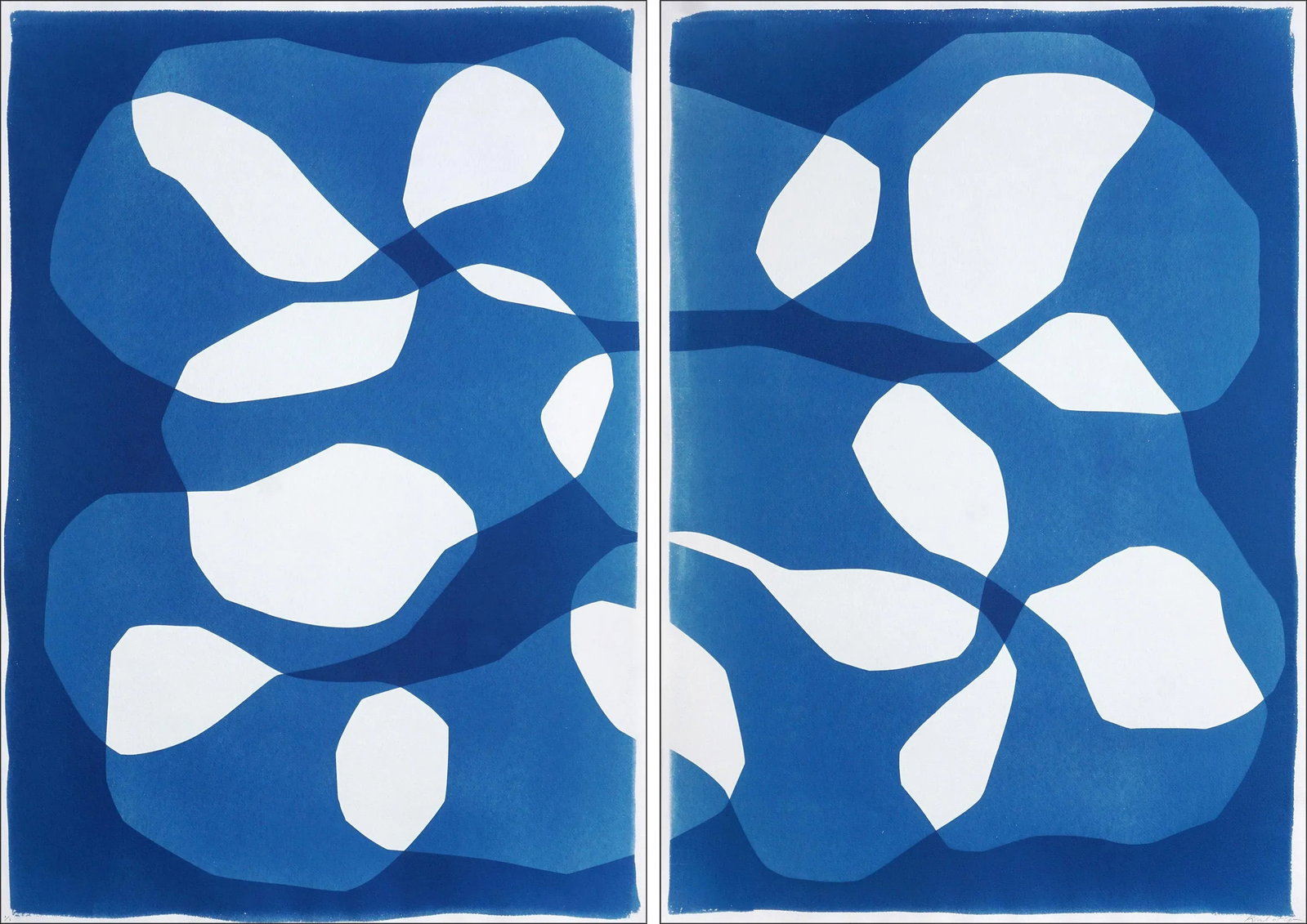 2025, Abstract Geometric Diptych in White and Blue of Asteroid Belt, Handmade Unique Monotype Cyanot: Asteroid Belt is an exclusive handmade cyanotype diptych that features modern, abstract rocky shapes rendered in deep indigo tones. Each panel captures the raw texture and organic geometry of