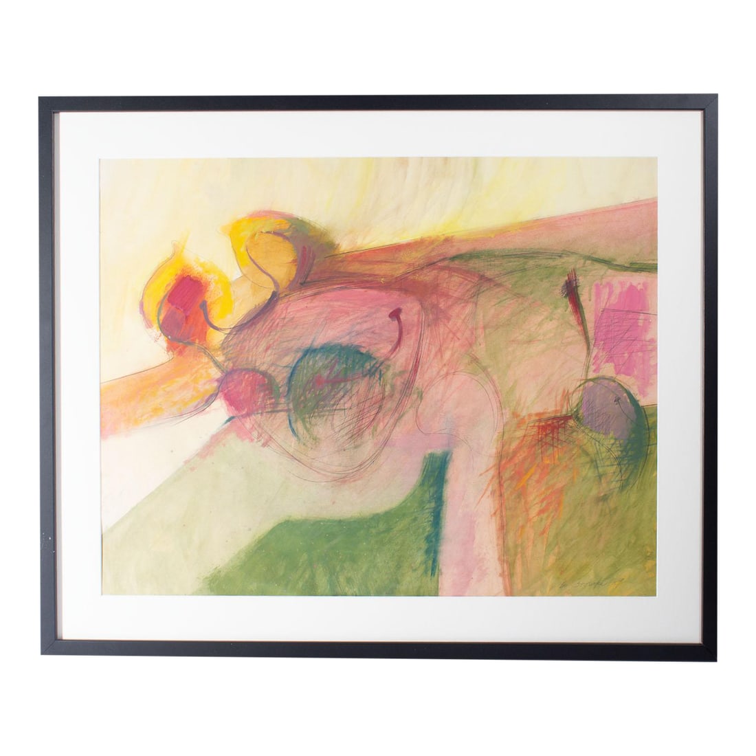 1959 Abstract Mixed Media Painting by Walter Stomps: A 1959 mixed media painting by the American artist Walter Stomps (1929-2020). This abstract work is dominated by a curving mass of clustered shapes in pink, orange, yellow, and green against a cream b