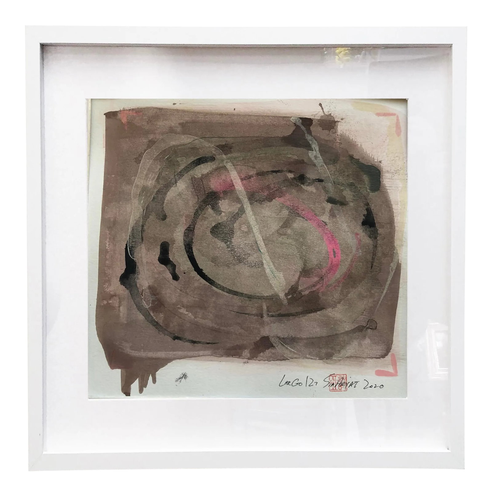 Largo 127 Framed One of a Kind Abstract Painting: This lively original painting with the color of the earth on heavy parchment brings an uplifting energy to any room. Painting is 12X12" comes custom-framed in a 20X20X1.75" white shadow box Signed,