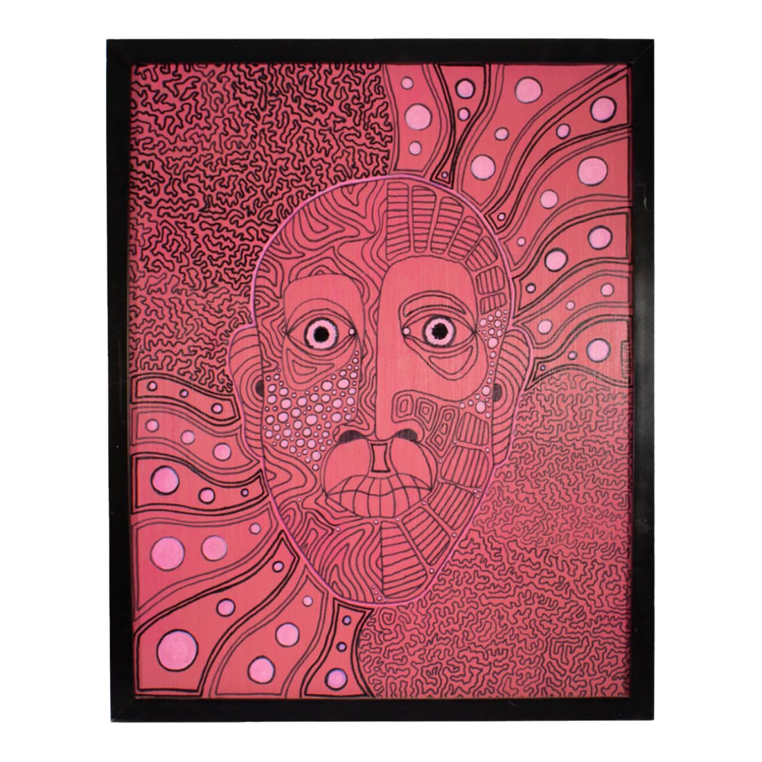 "You Are the Poison I Need" Mixed Media Painting on Wood Panel by r.a. Buys: A mixed media on wood panel painting by the American artist R.A. "Drew" Buys. Titled "You are the Poison I need," this bright pink abstract work depicts a central face covered in various designs and f